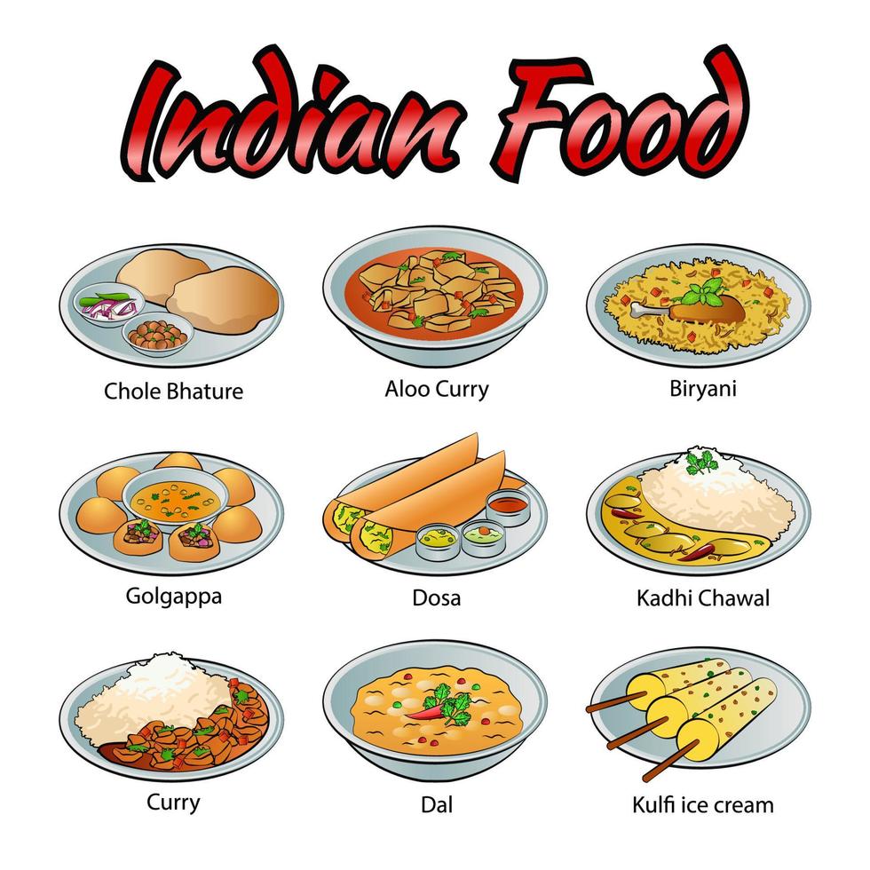 conjunto de comida deliciosa y famosa de la India en un colorido icono de diseño degradado vector