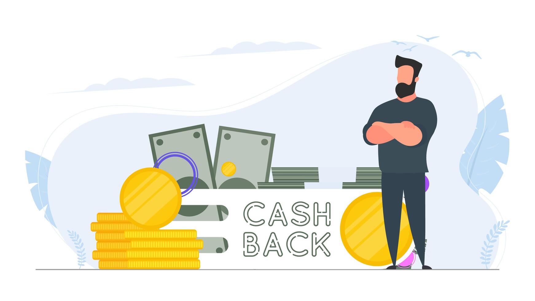 Confident Businessman. Cashback lettering isolated on white background. Golden coins. Composition on the subject of money back. . vector