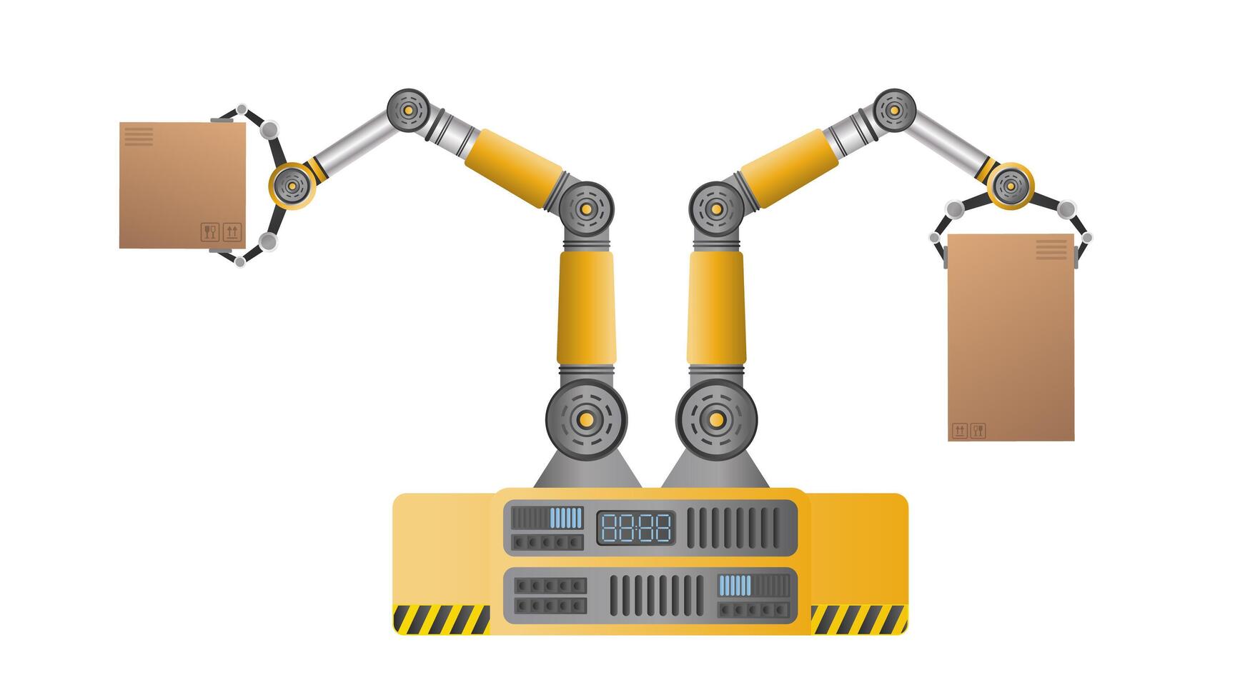 A mechanical robot holds a box. Industrial robotic arm lifts a load. Modern industrial technology. Appliances for manufacturing enterprises. Isolated. Vector. vector