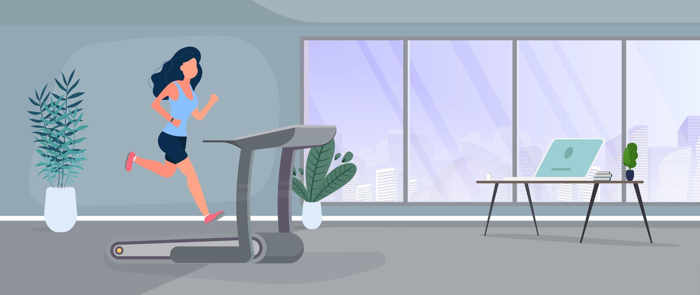 Girl runs on a treadmill. The girl is engaged in a running simulator. The concept of sport and healthy lifestyle. Gym, exercise machine. Vector. vector
