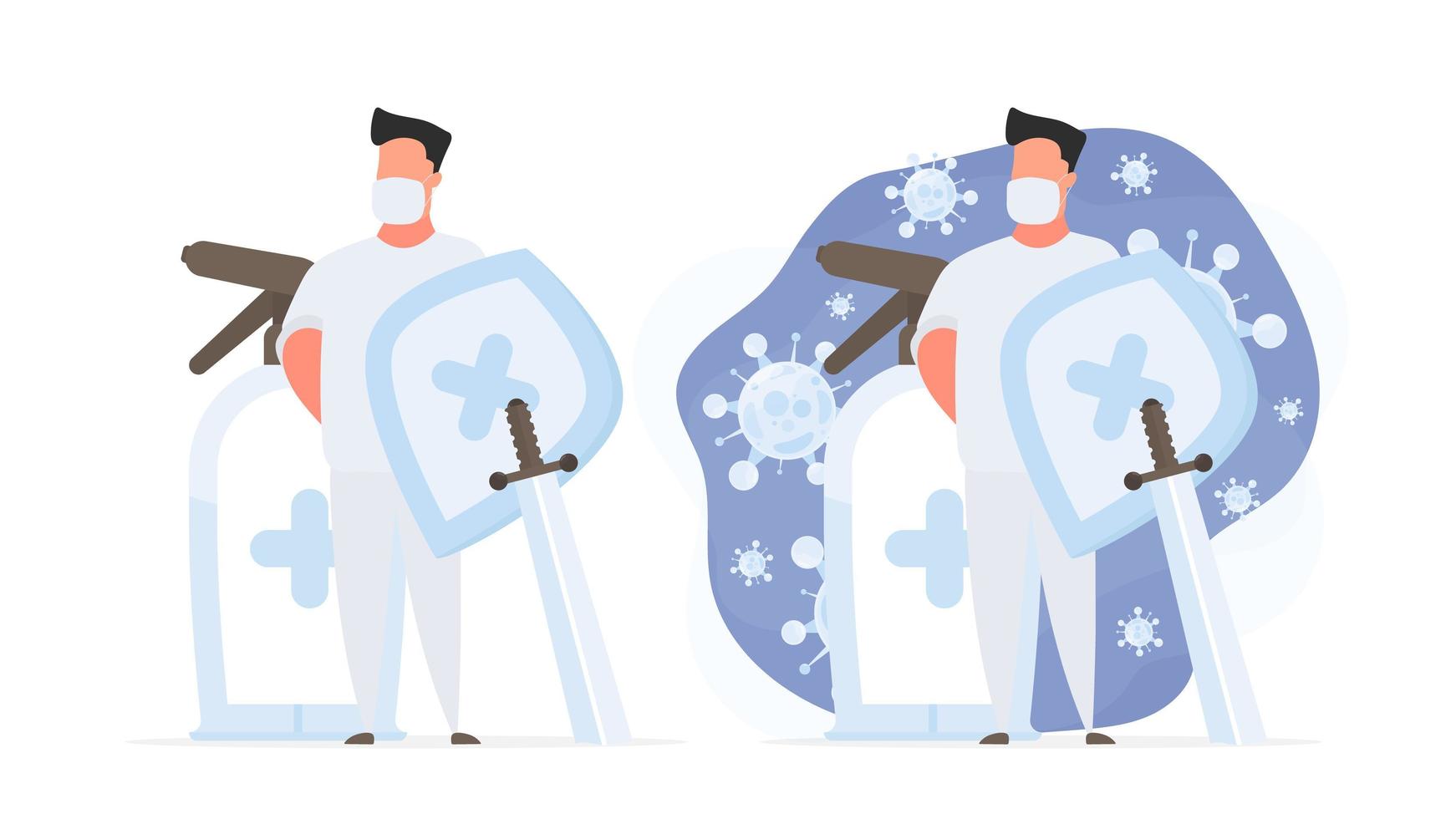 Set for a poster or presentation. A medic in a white suit with a shield and a sword. A doctor in a medical mask surrounded by virus molecules. Spray. Disinfectant in flat style. Vector. vector