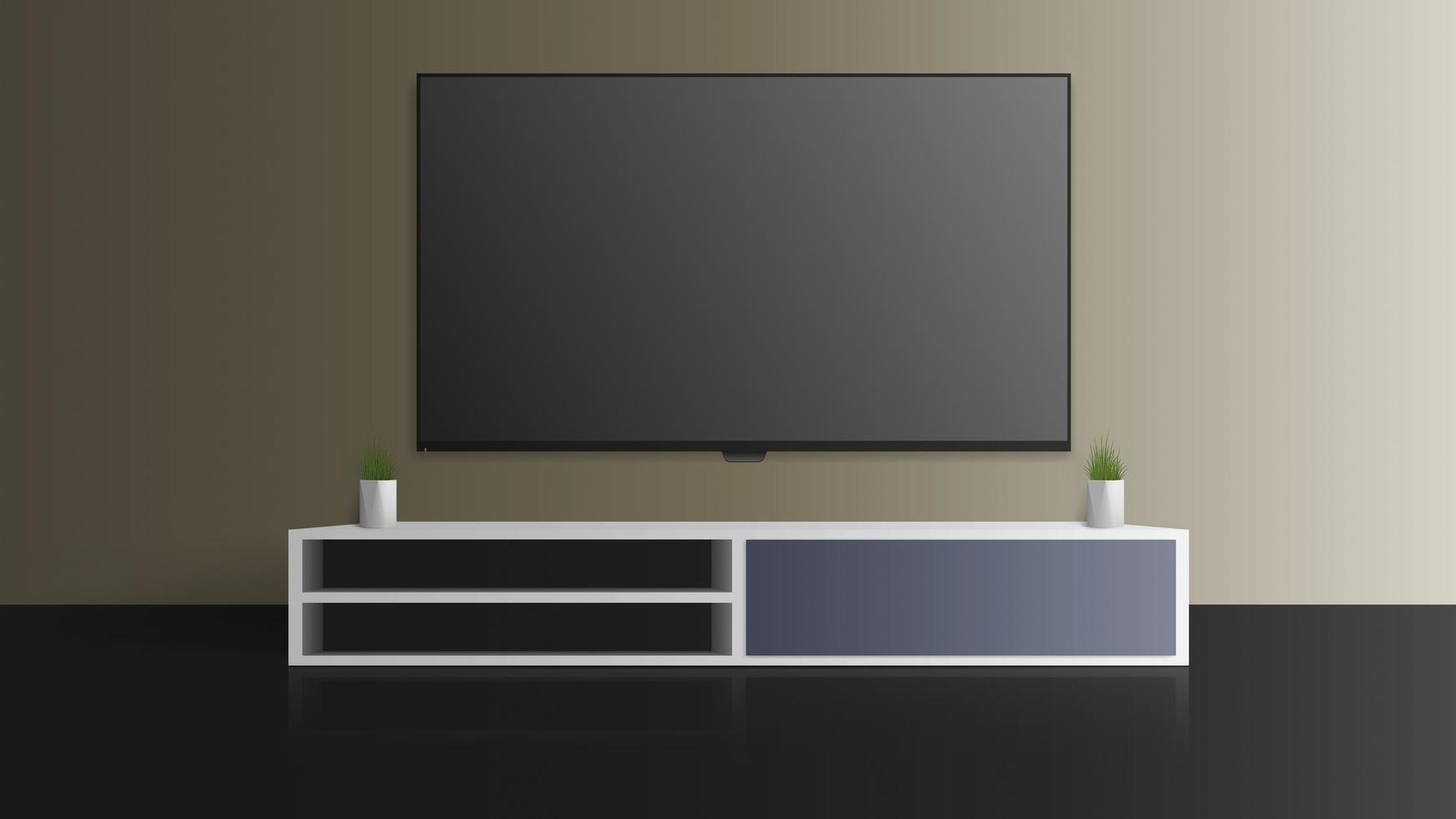 TV on a gray wall. Turn off the TV, a long loft bedside table. Vector illustration.