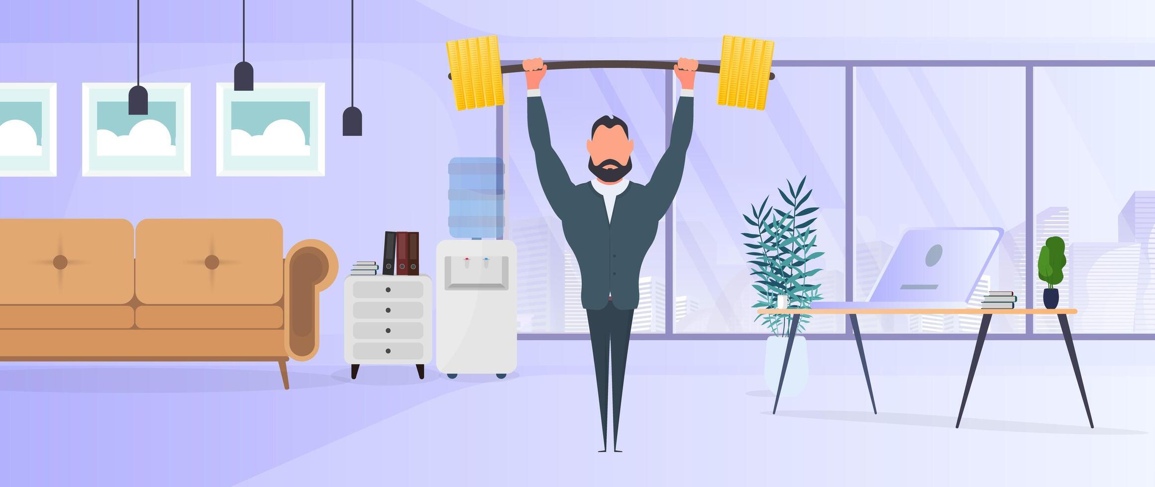 A man in a suit is lifting a barbell in his office vector