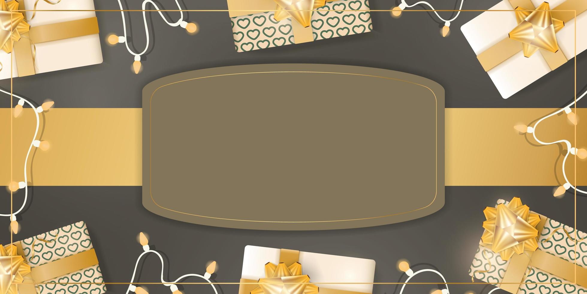 Brown banner with space for text. Background with gifts, garlands and light bulbs. Vector. vector