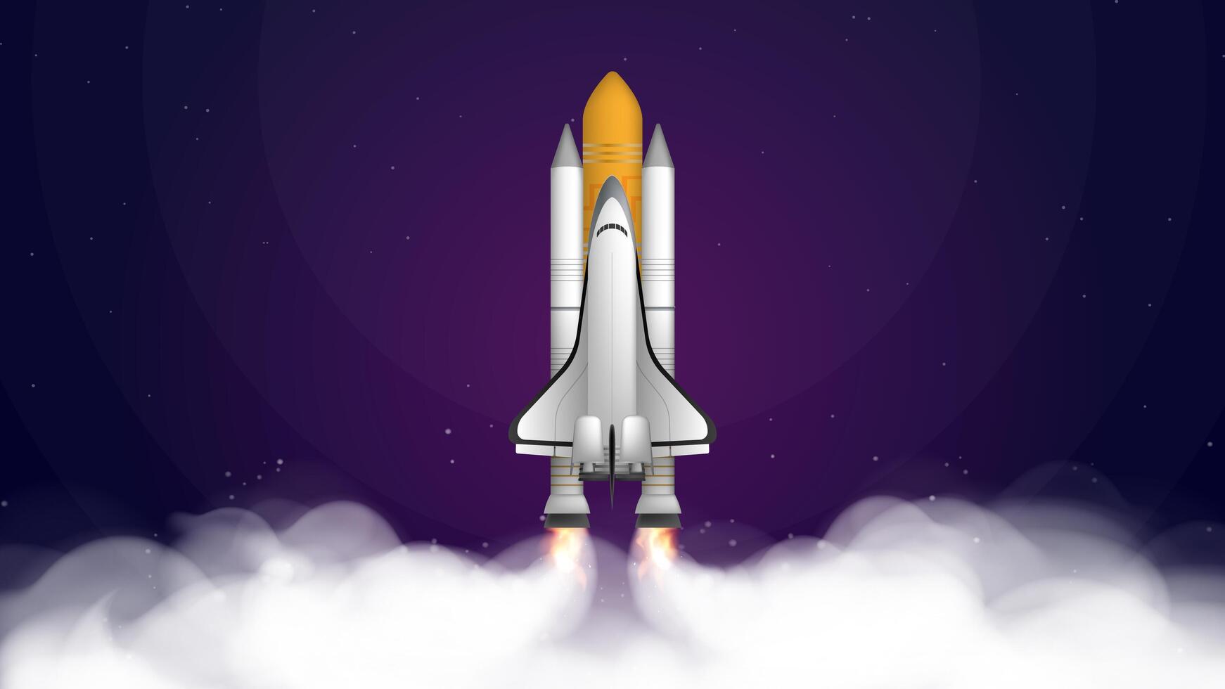 Purple banner on the theme of the cosmos of the cosmos. Space shuttle. Fighter. The booster takes off. Place under your text. . vector