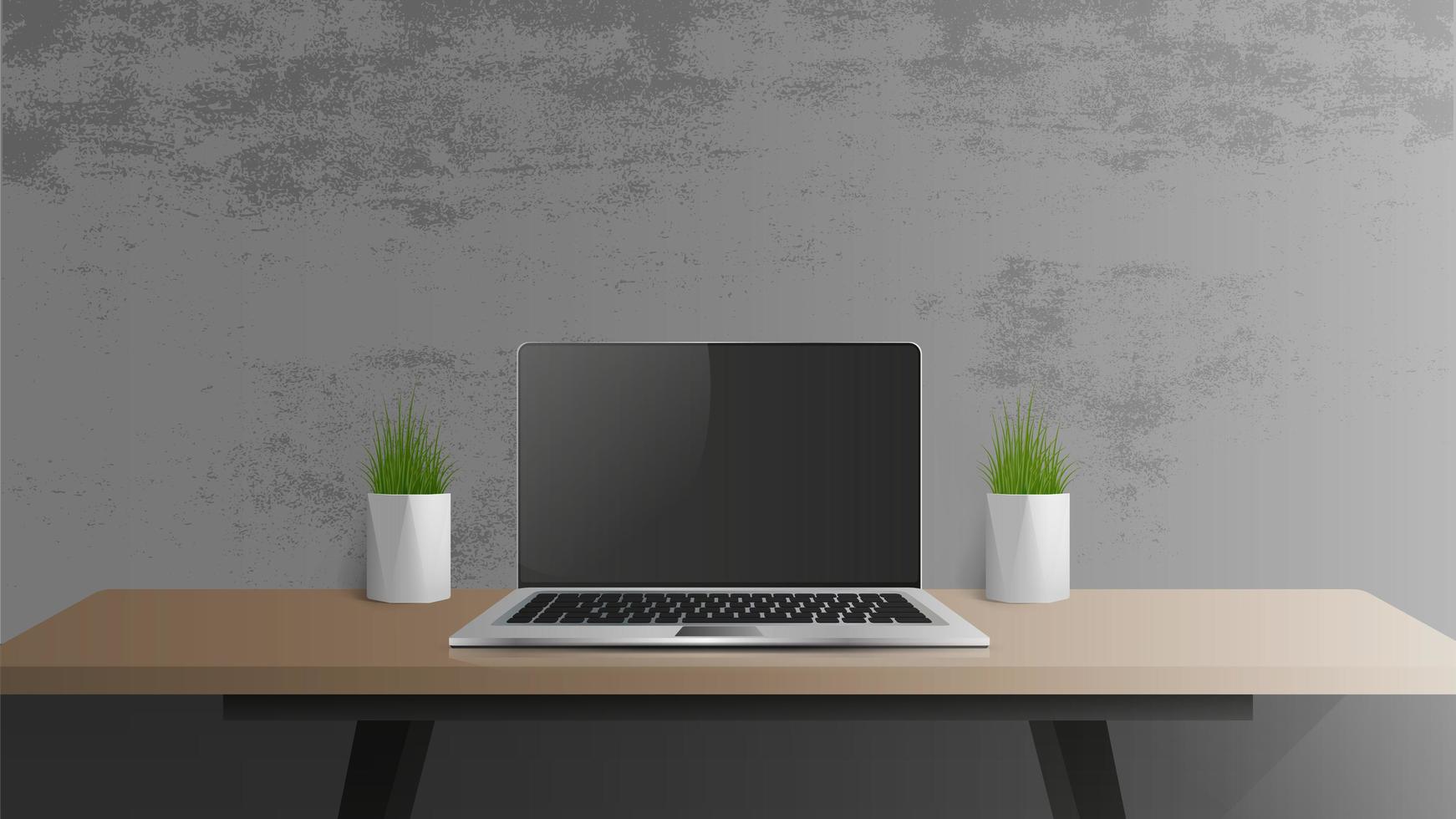 Open laptop with a black screen. Modern laptop on a wooden table. Table, desktop green plants, a workplace in the loft style. Realistic vector illustration.