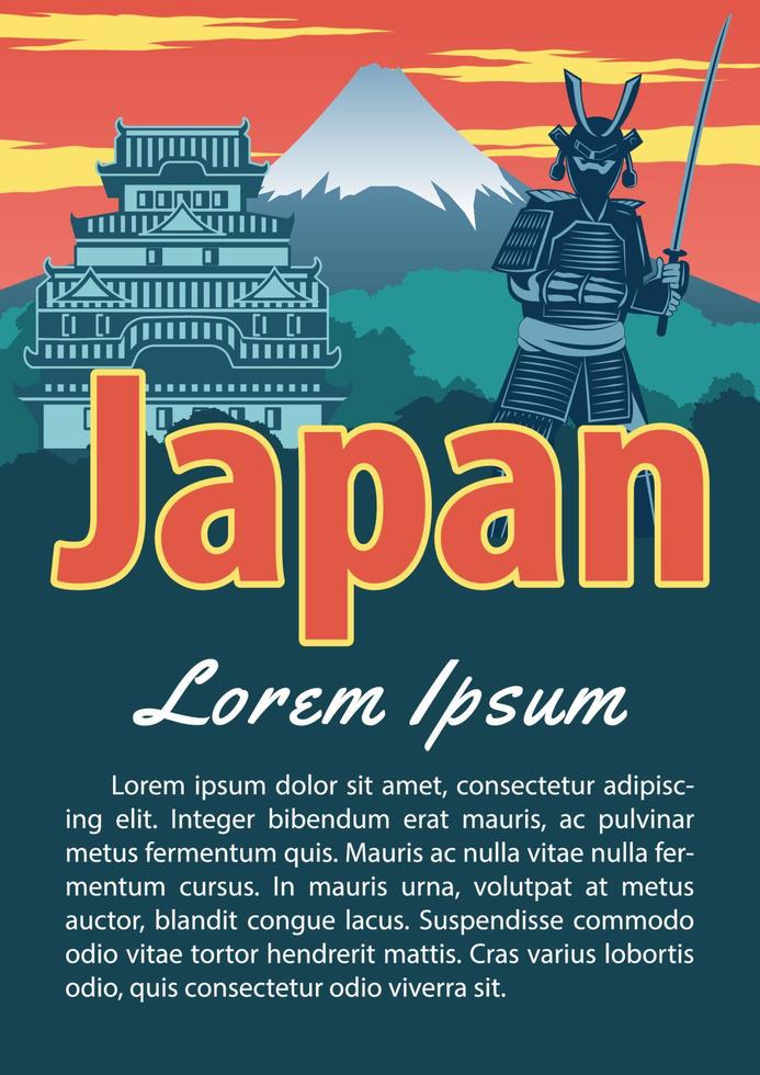 Folleto histórico de Japón en diseño de color vintage de tipografía, ilustraciones publicitarias vector