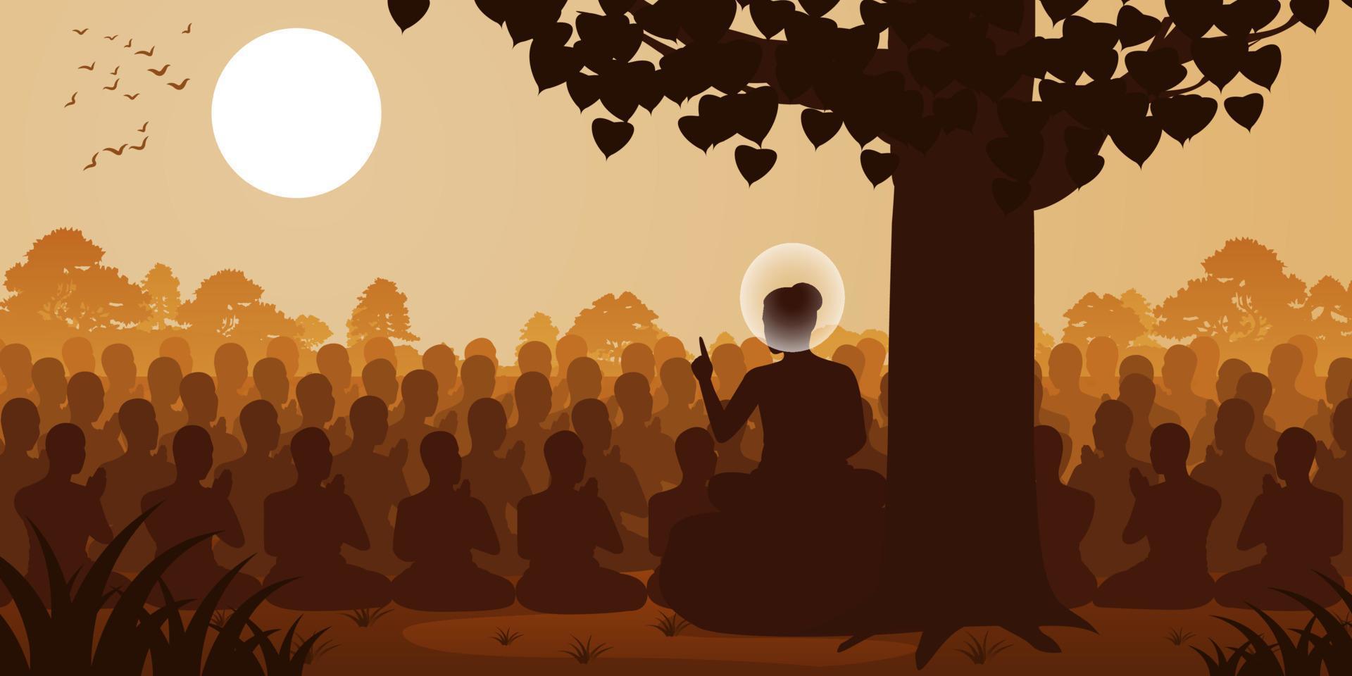 señor de buda sermón dharma a multitud de monjes, estilo silueta vector