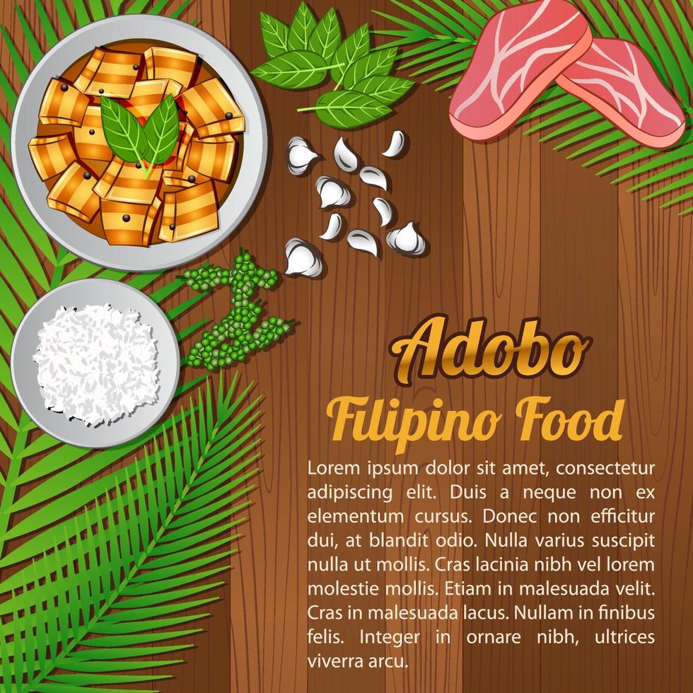 Elementos de ingredientes alimentarios establecer banner sobre fondo de madera, Filipinas vector