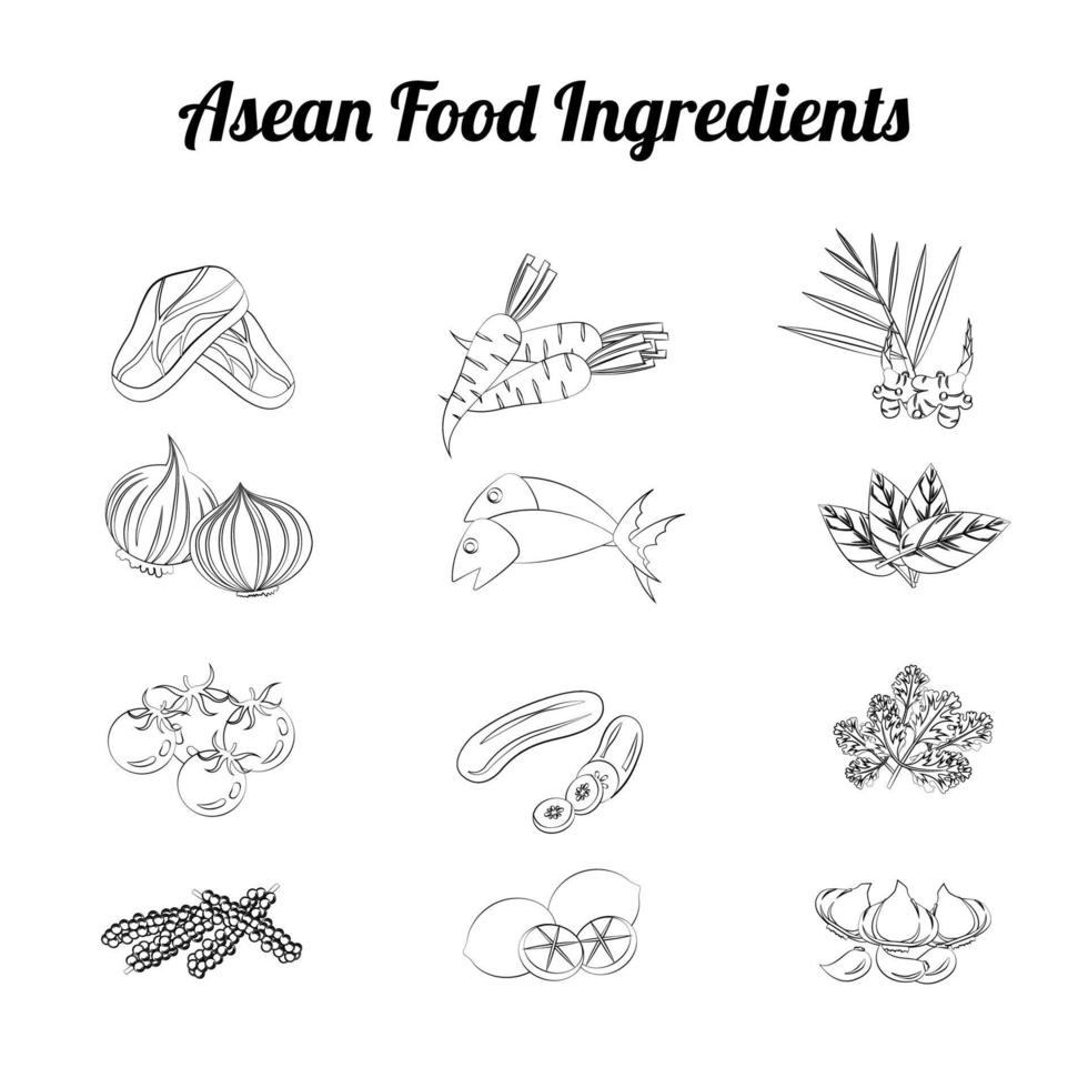 el paquete de ingredientes alimentarios de la asean incluye verduras y carne en un diseño de dibujos animados degradados vector