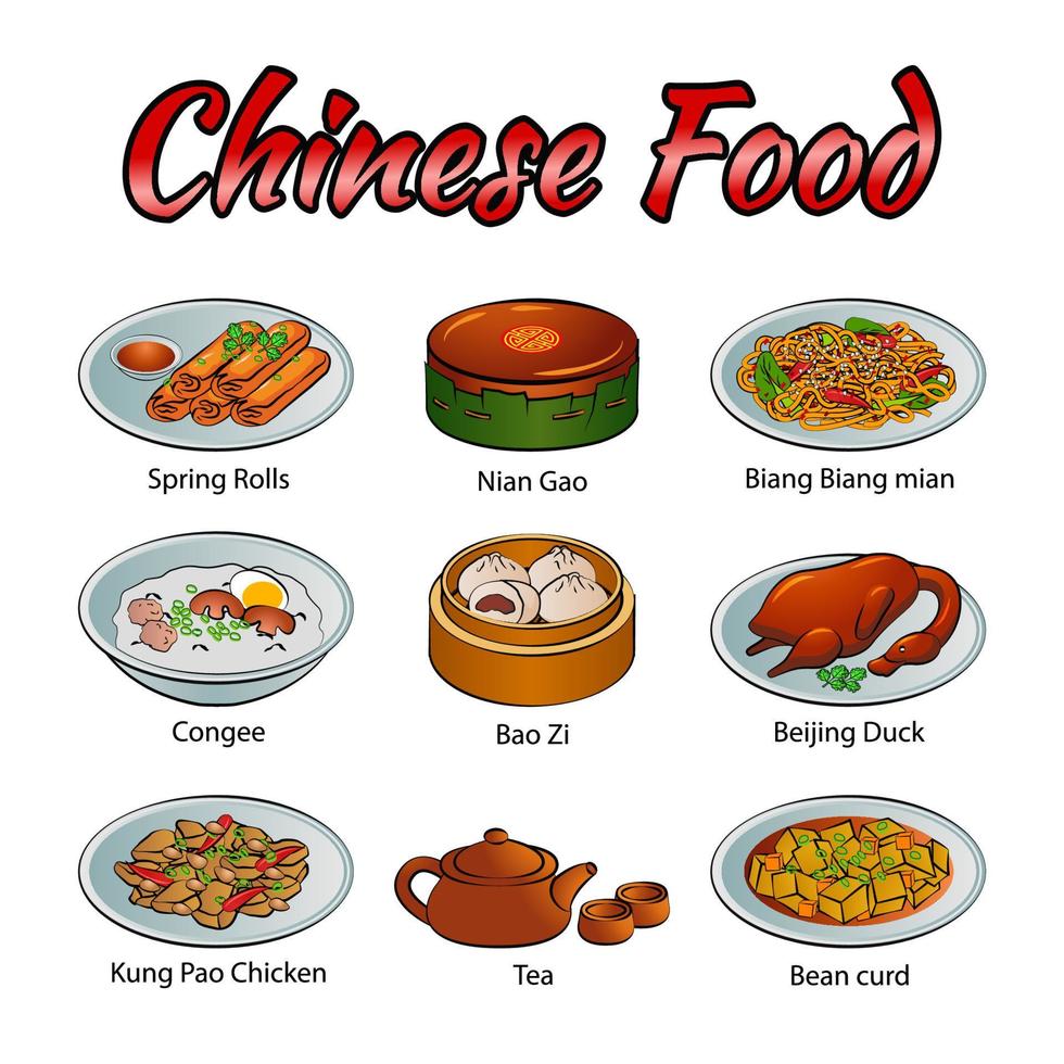 Set of delicious and famous food of Chinese in colorful gradient design icon vector