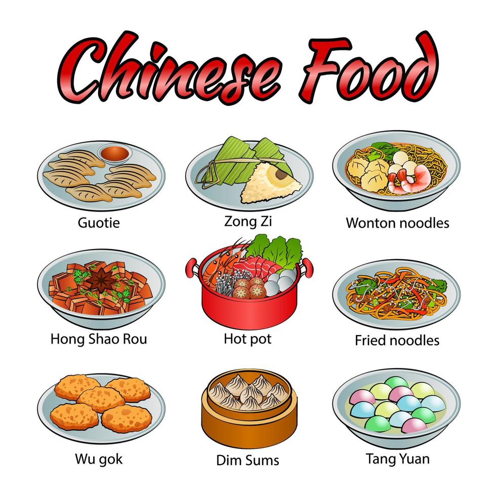 conjunto de deliciosa y famosa comida china en un colorido icono de diseño degradado vector