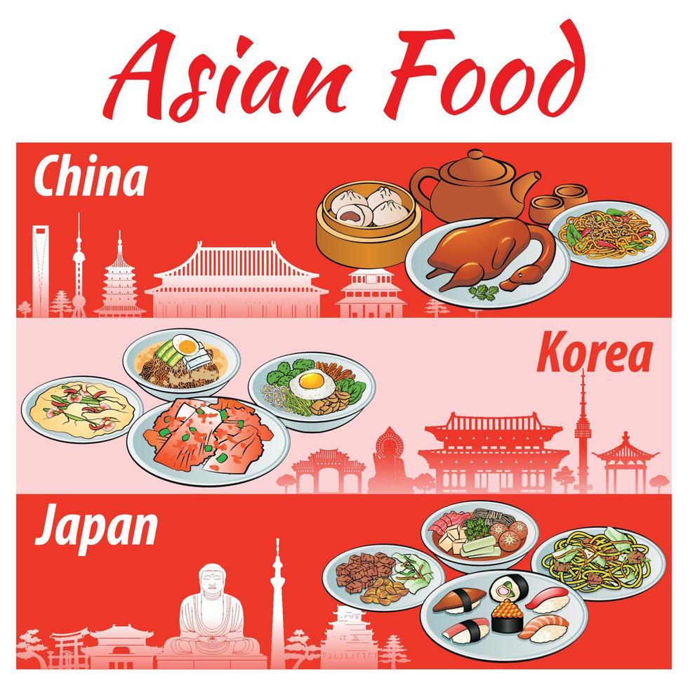 conjunto de deliciosas y famosas pancartas de comida de asia, japón, china, corea en coloridos diseños degradados y puntos de referencia vector