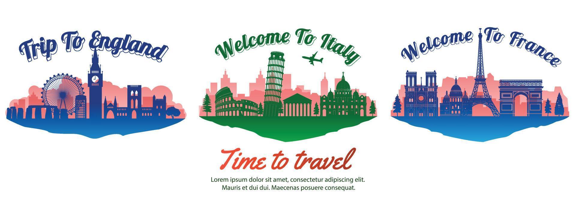 bundle of famous landmark of the Europe with silhouette style on float island,travel and tourism vector
