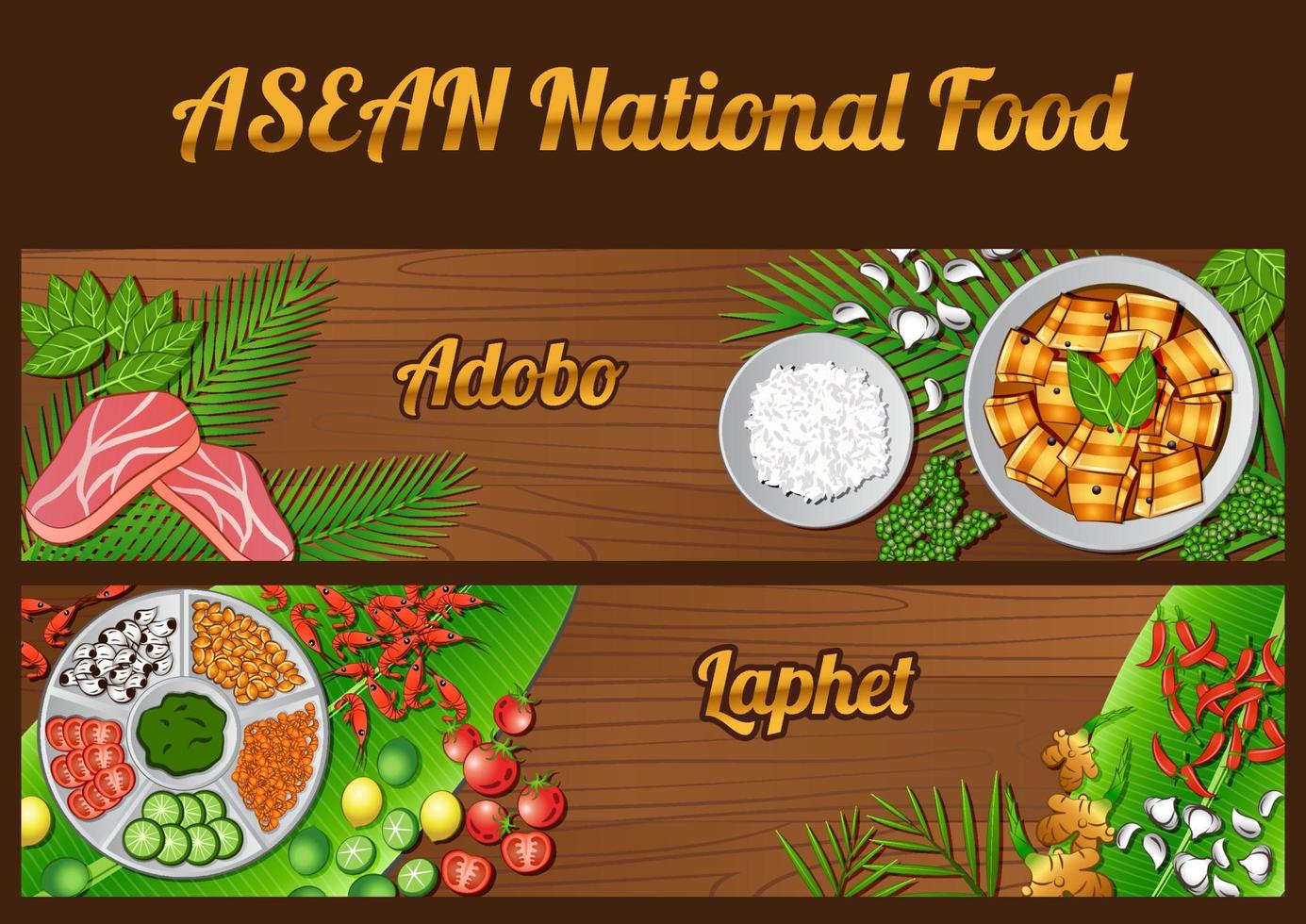 Asean National food ingredients elements set banner on wooden background,Myanmar and Philippines vector