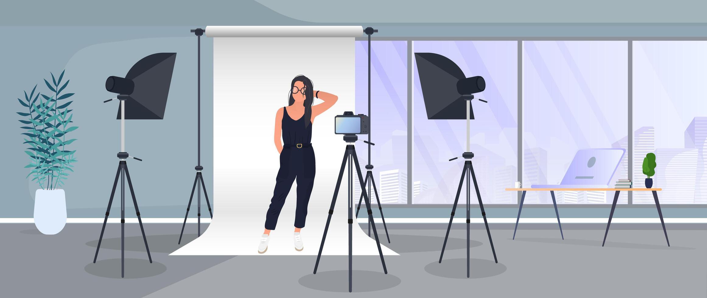 Photo Studio . Girl posing to the camera. White canvas background on tripods. Camera on a tripod, softbox. Professional photo studio. vector