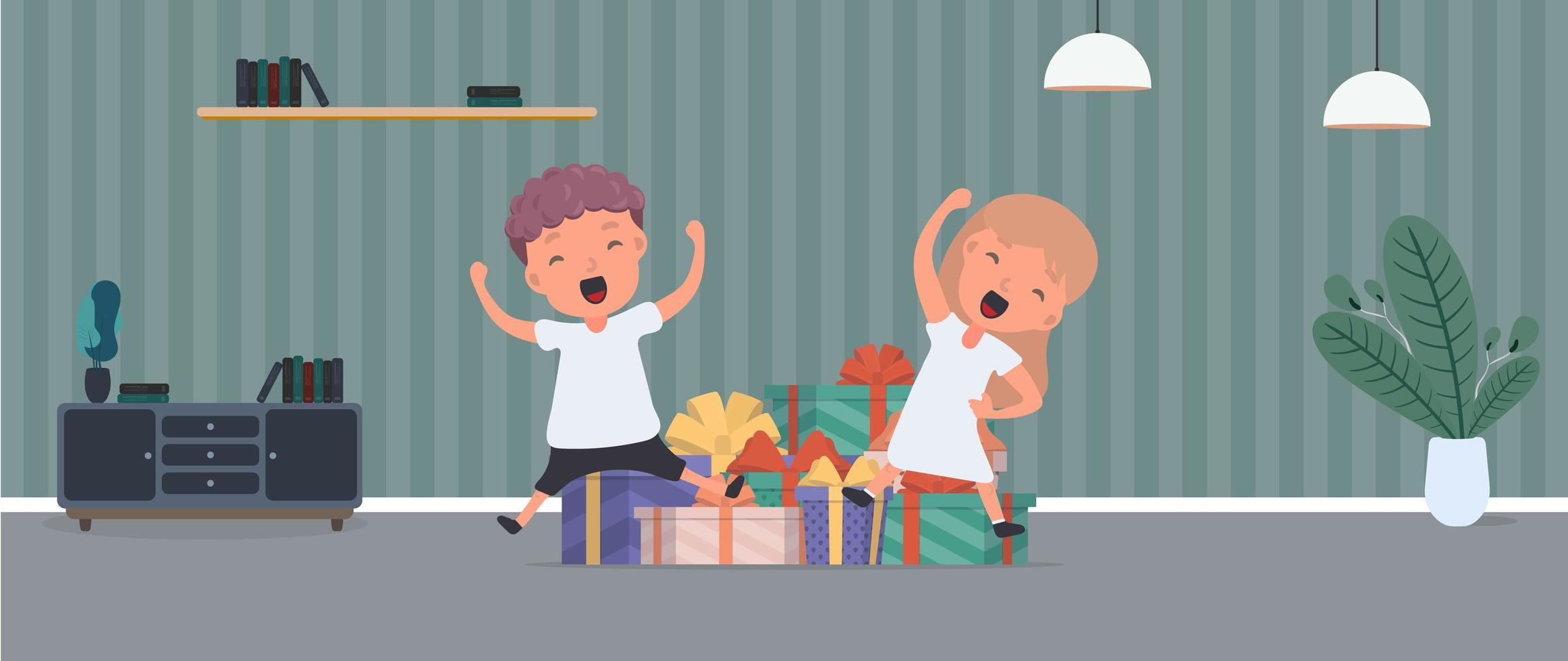 Children rejoice at gifts. Happy children, lots of gifts. Holidays concept. Vector. vector