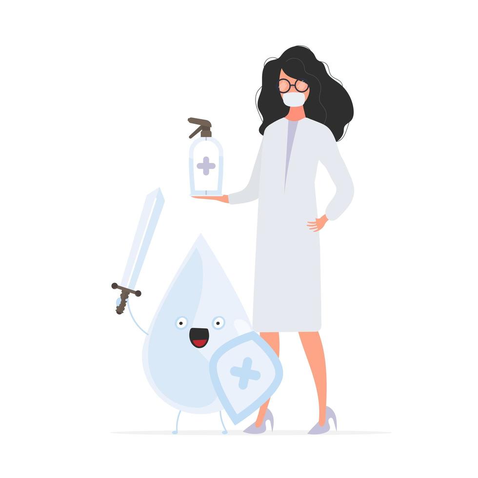 Girl doctor holds a sanitizer in her hands. Medical woman in a white coat. A drop with a sword and shield surrounded by virus molecules. Disinfectant in flat style. vector