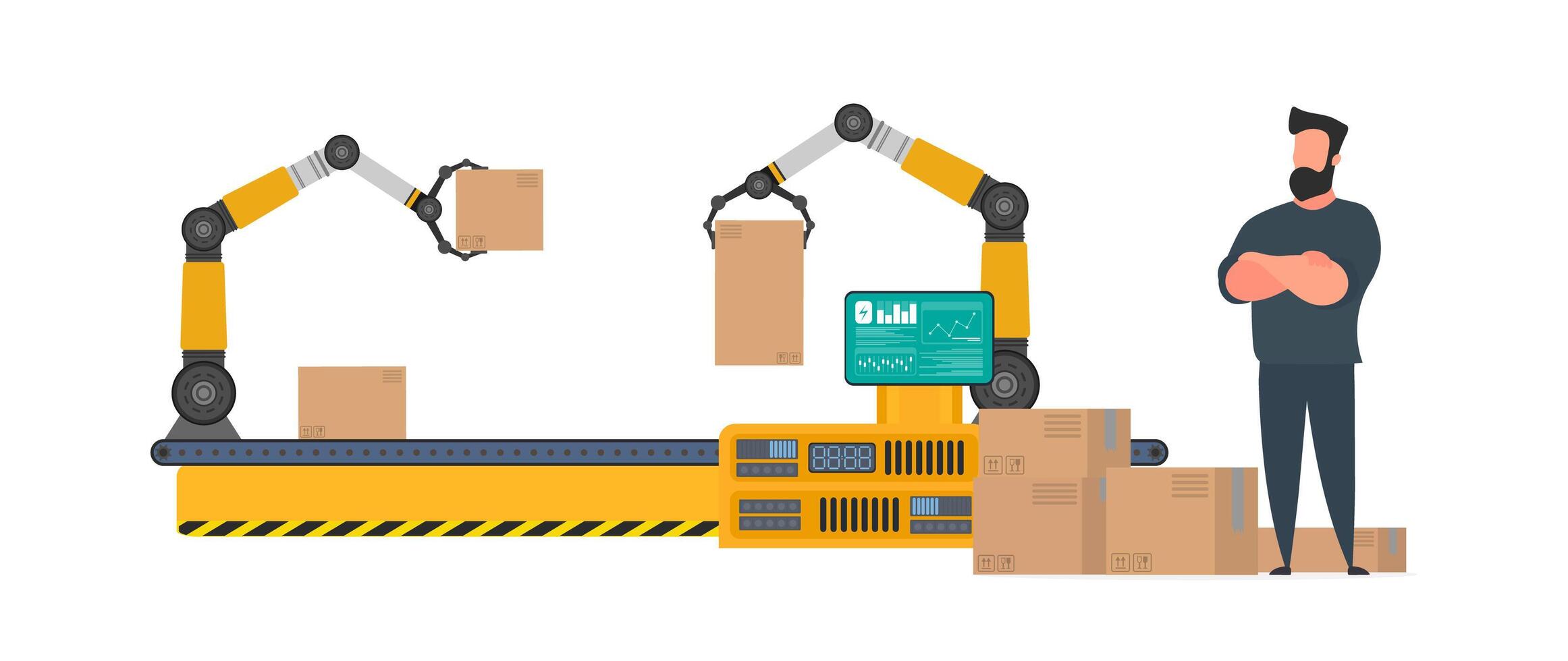Conveyor line with boxes. Conveyor system in flat design. A man stands with cardboard boxes. Isolated. . vector