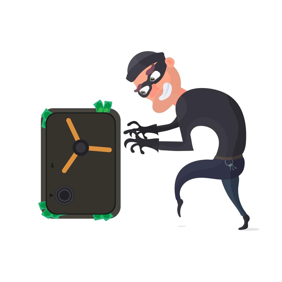 Robber and safe with money. Dollars stick out of the safe. The criminal is planning a robbery. Flat style Isolated. Vector. vector