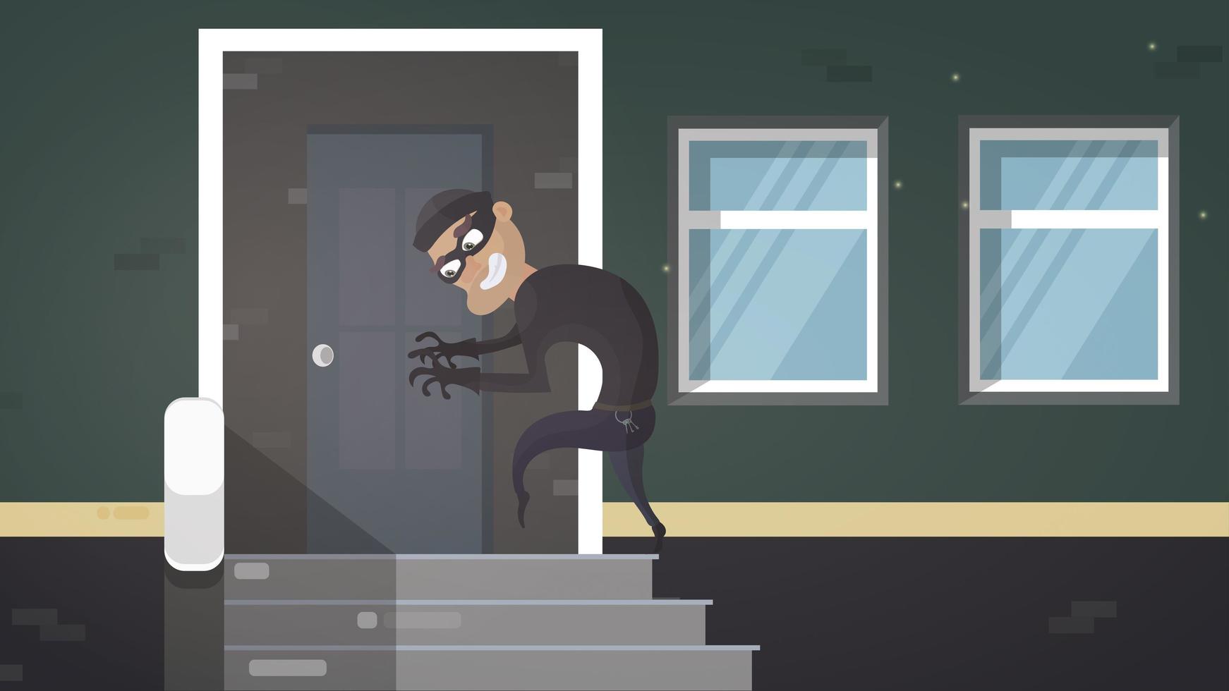 ladrón en máscara negra usando un montón de llaves maestras rompiendo entrar en casa ladrón criminal personaje puerta abierta noche casa interior plano horizontal vector
