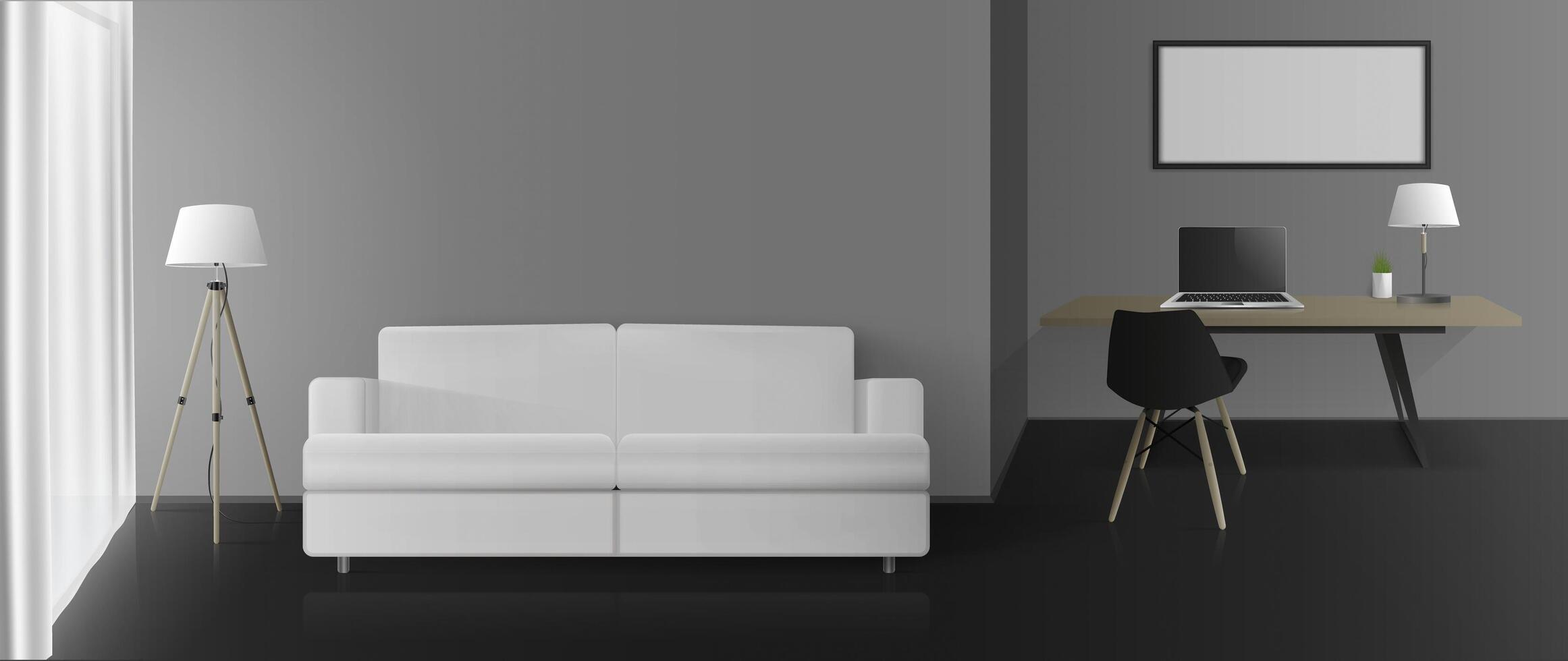 Modern room with gray walls, a work area and a seating area. Sofa, table, chair, floor lamp, laptop. . vector