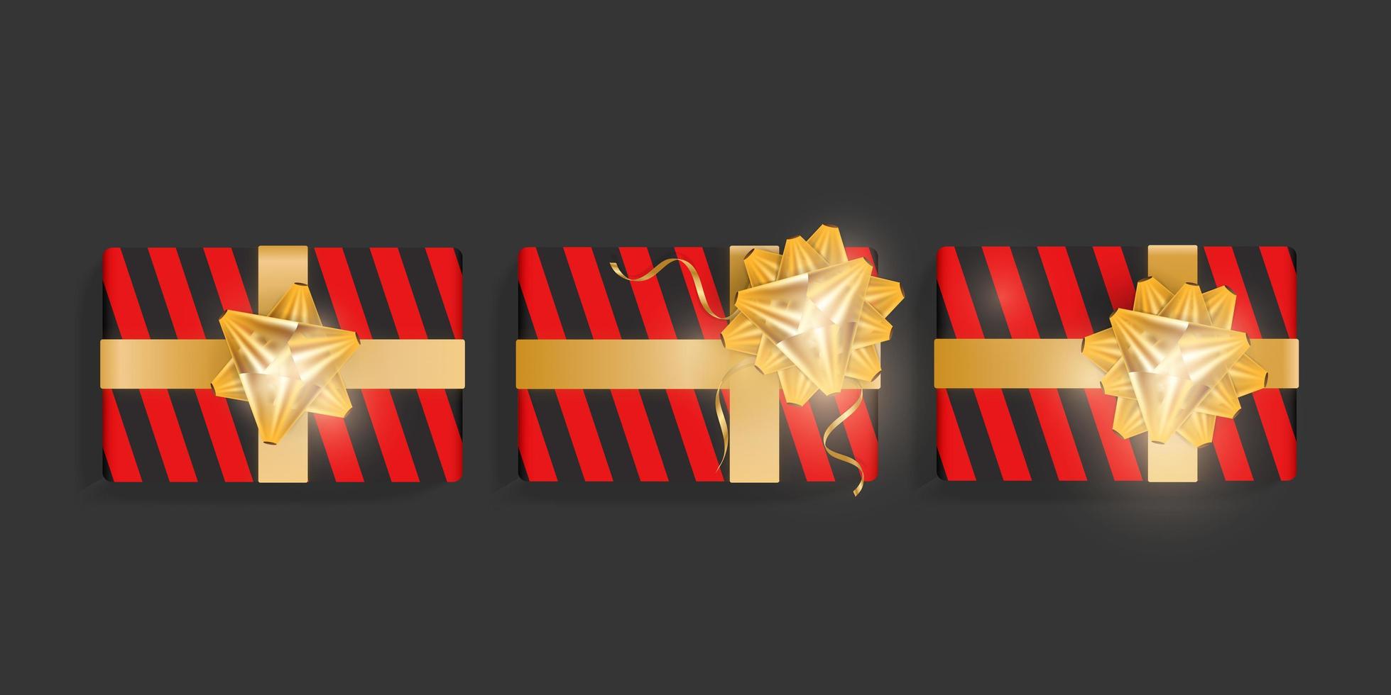 Set of black gift boxes with red stripes, gold ribbon bows. Beautiful realistic gift box template for birthday, christmas, new year design. Top view vector illustration