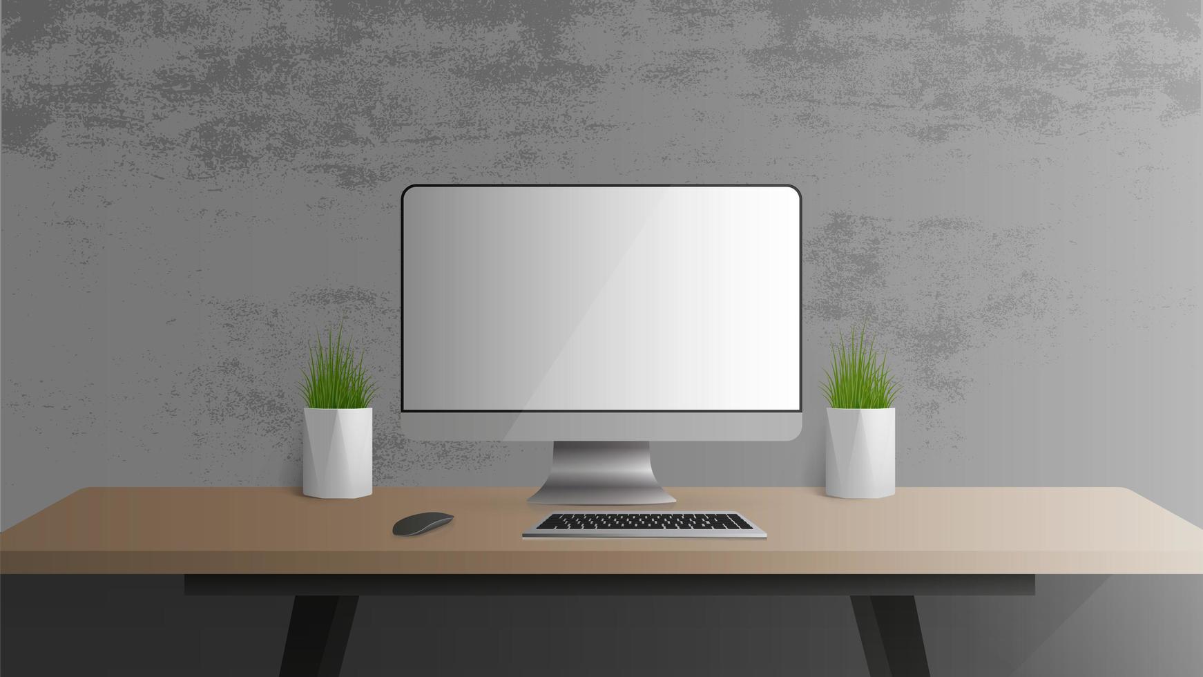 Office workplace. Monitor, keyboard, computer mouse, table lamp, houseplant. Vector. vector