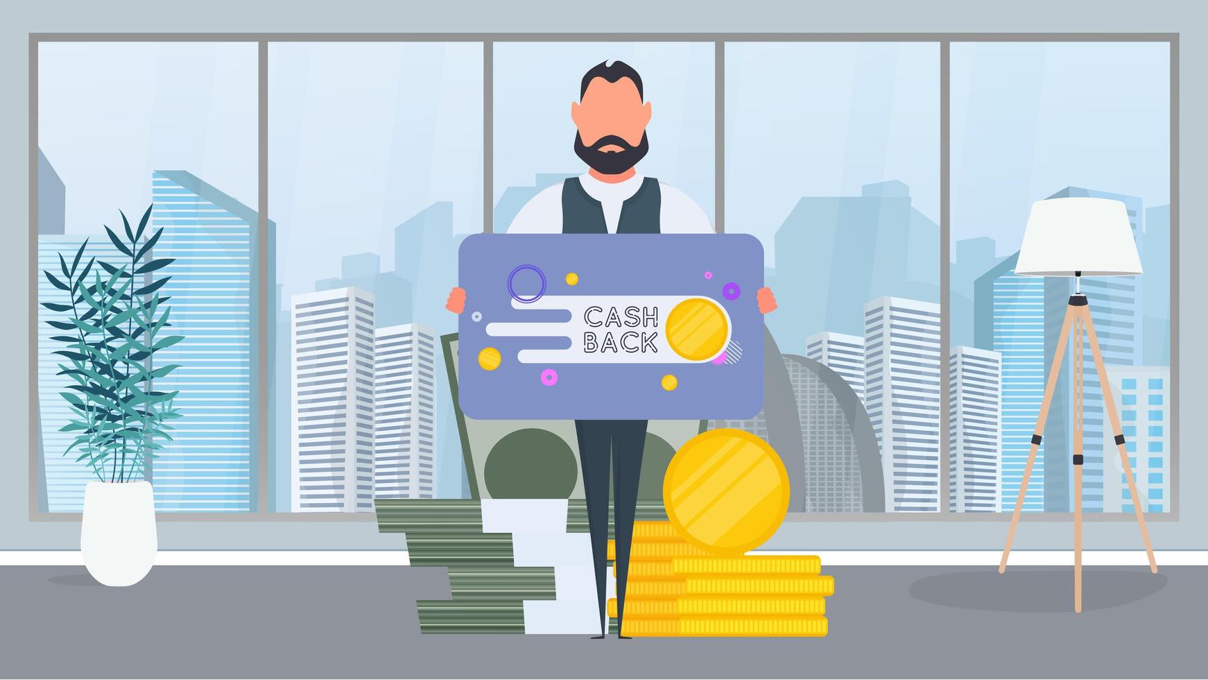 A man holds a banner with the inscription cashback. The guy with the table. The concept of saving money and cashback. . vector