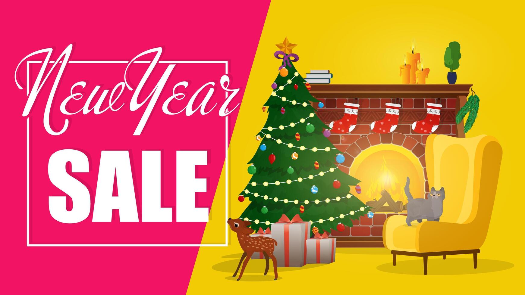 Banner New Year sale. Christmas tree, Fireplace with bonfire. Armchair by the fireplace with a cat and a Christmas tree. New Year poster . vector