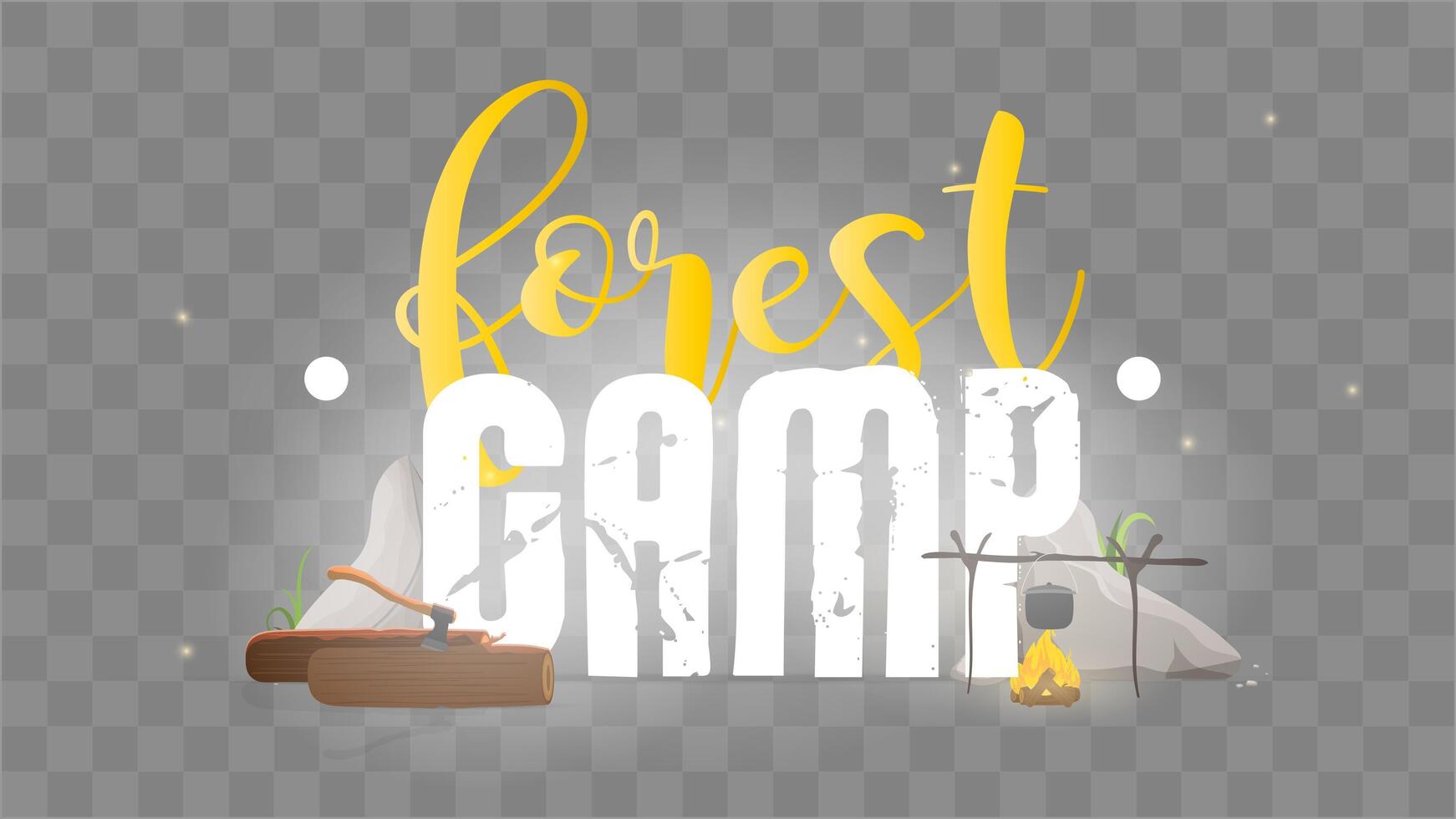 Forest camp lettering. Template for a banner. Font with camping elements. Bonfire, food on a fire, logs, vector