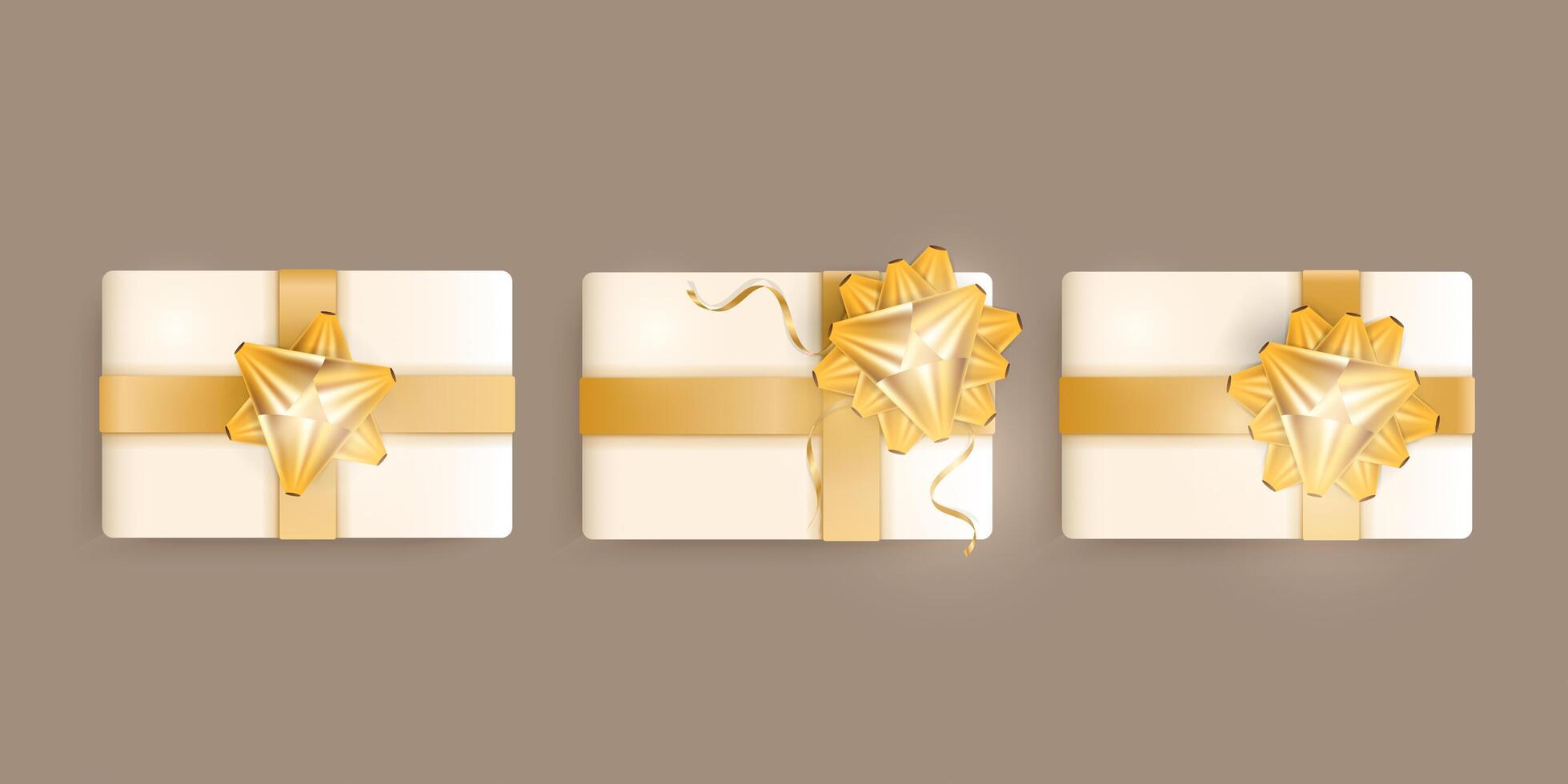 Set of realistic champagne color gift boxes, gold ribbons and bow. Vector illustration.