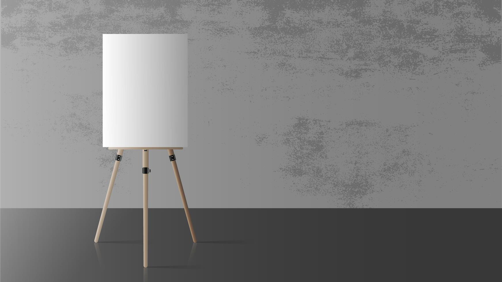 Easel in an empty room. Wooden easel. Concrete gray wall. Realistic vector illustration.