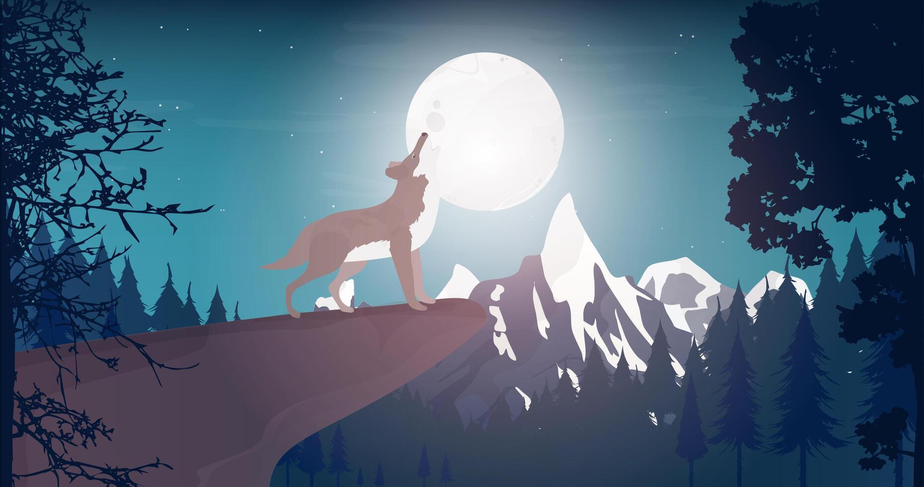 el lobo aúlla a la luna. lobo aullando al borde de un acantilado. bosque nocturno con una gran luna. Luna llena. ilustración vectorial vector