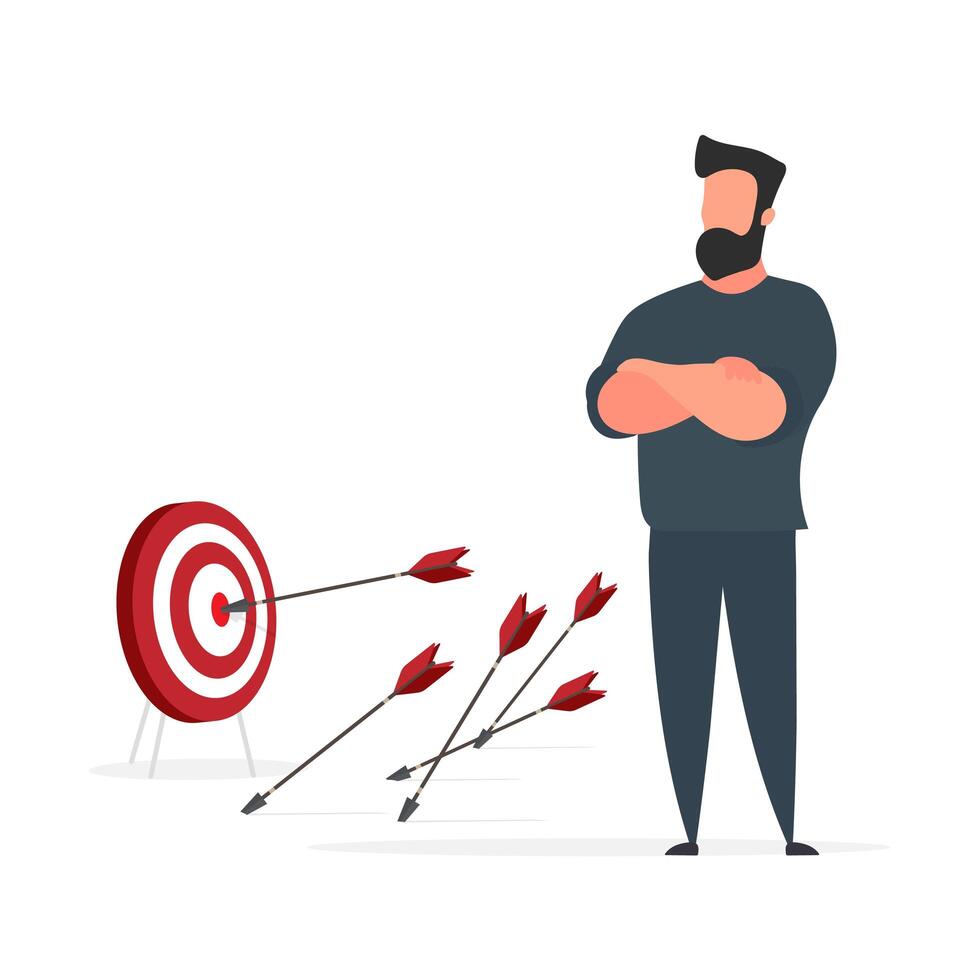 Businessman hits the target. Hit the center of the target with an arrow. The concept of motivation and achievements in business. Isolated. Vector. vector