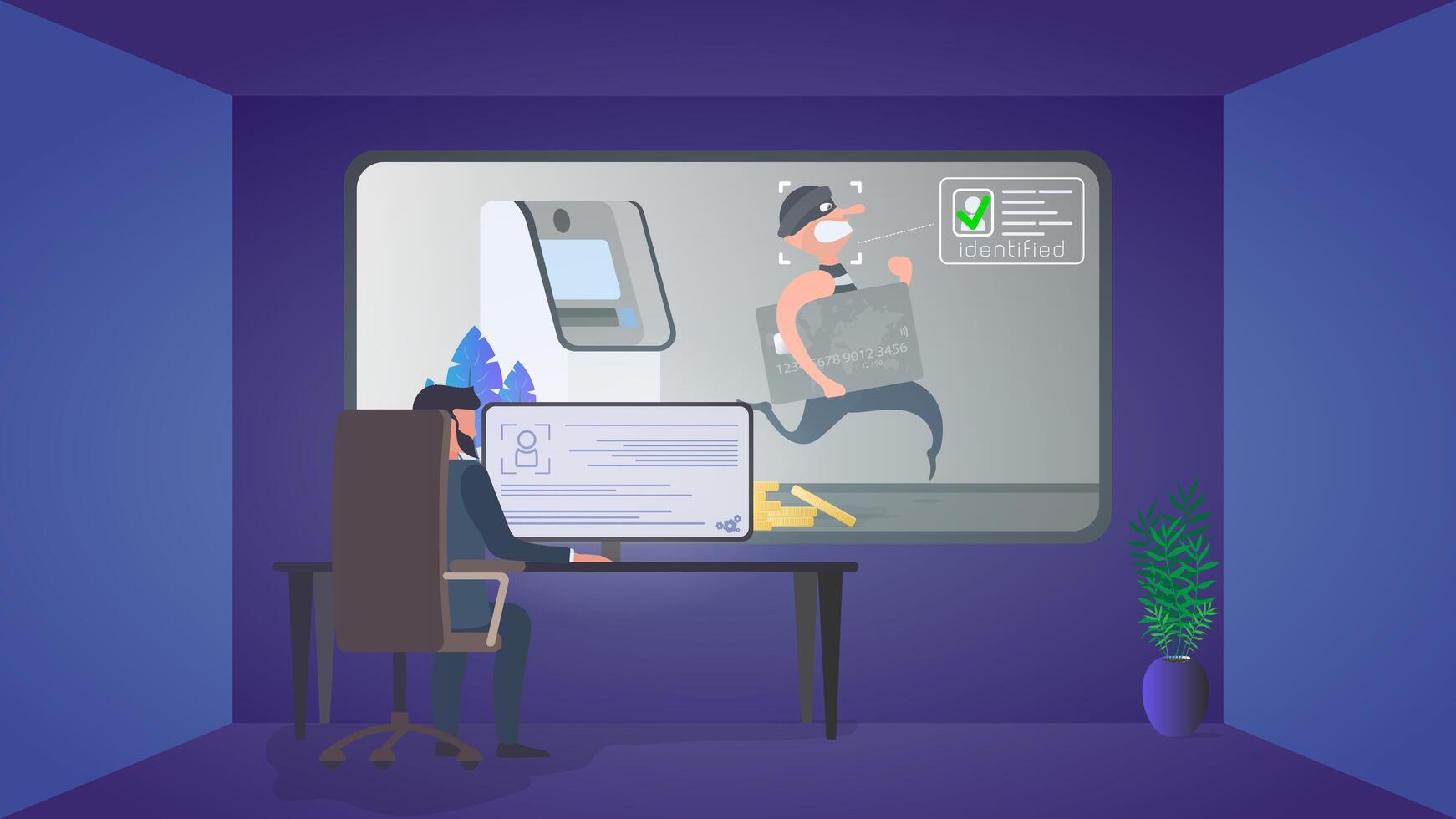 A security guard is watching a burglar in a security room. Identification of a thief. A thief steals a bank card near an ATM. Safety concept. . vector