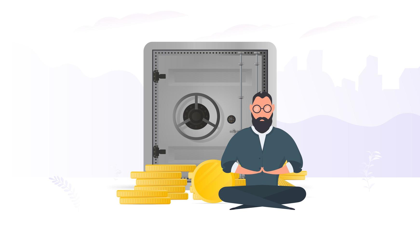 Sits in lotus position near the safe with gold coins. The concept of a successful business, deposits and income. Vector. vector