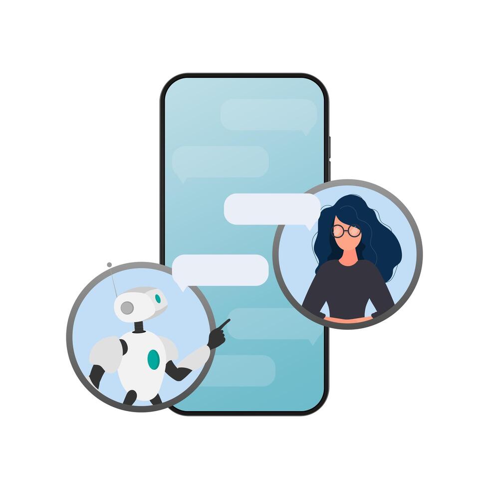 Chat icon. A robot in dialogue with a girl. Suitable for apps, sites and topics related to automatic replies and artificial intelligence. Vector. vector