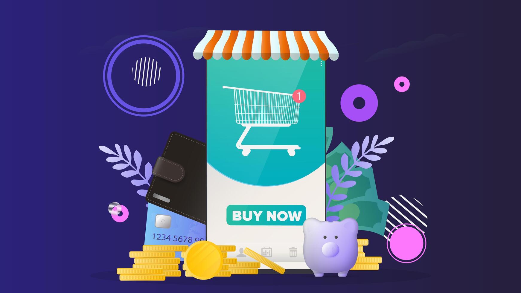 Shopping banner. Phone with online store application. Buy button. Cart, new order. Bank card, piggy bank, gold coins, wallet. Online shopping and payment concept. Vector. vector