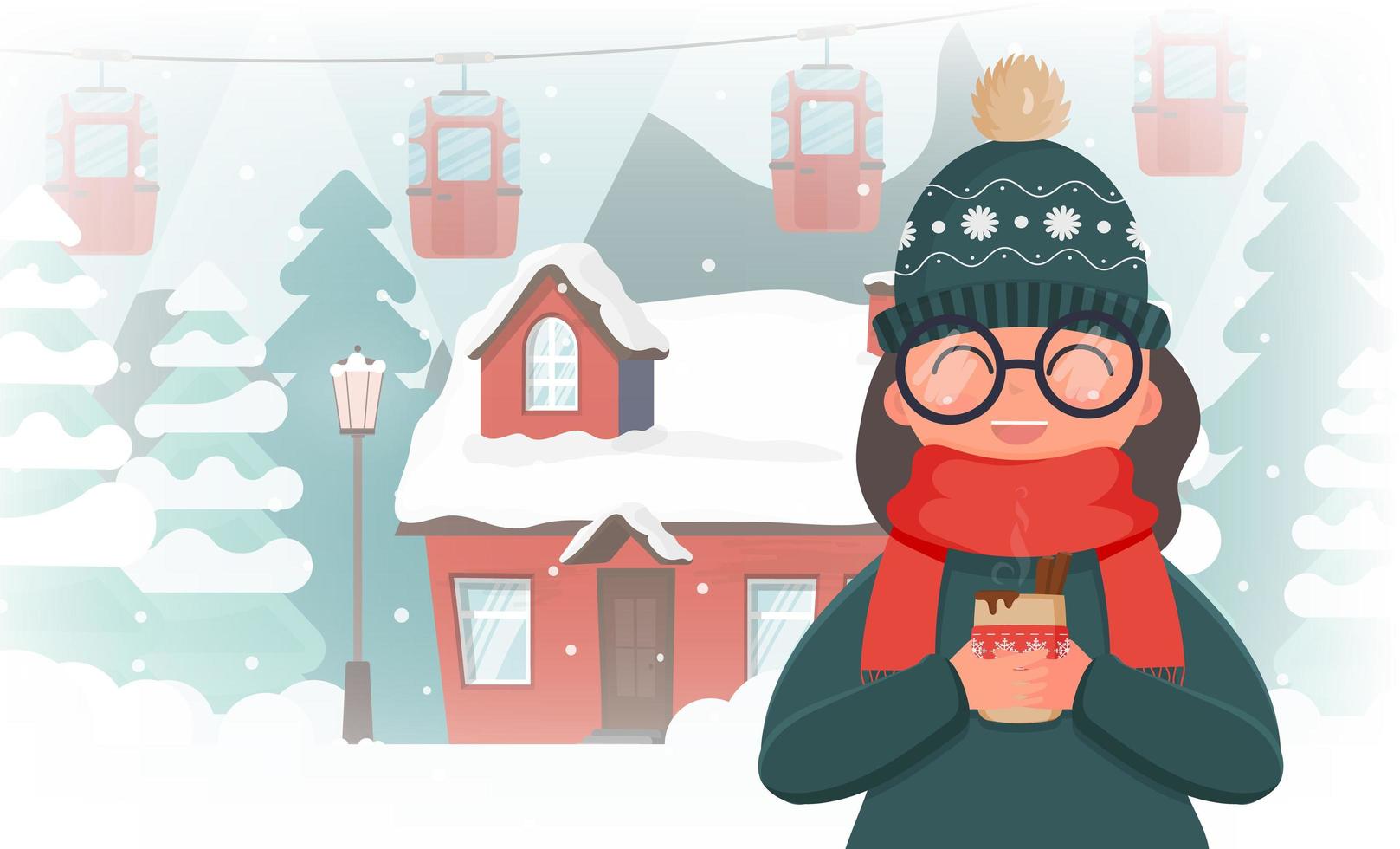 A girl in winter clothes is holding a hot drink. House in a snowy forest. Christmas trees, mountains, snow, funicular or cable car. Banner with space for text. Vector illustration.