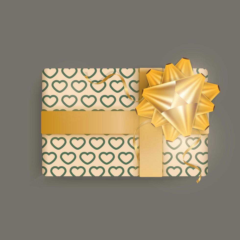 Realistic champagne color gift box with hearts pattern, gold ribbons and bow. Actual colors. View from above. vector