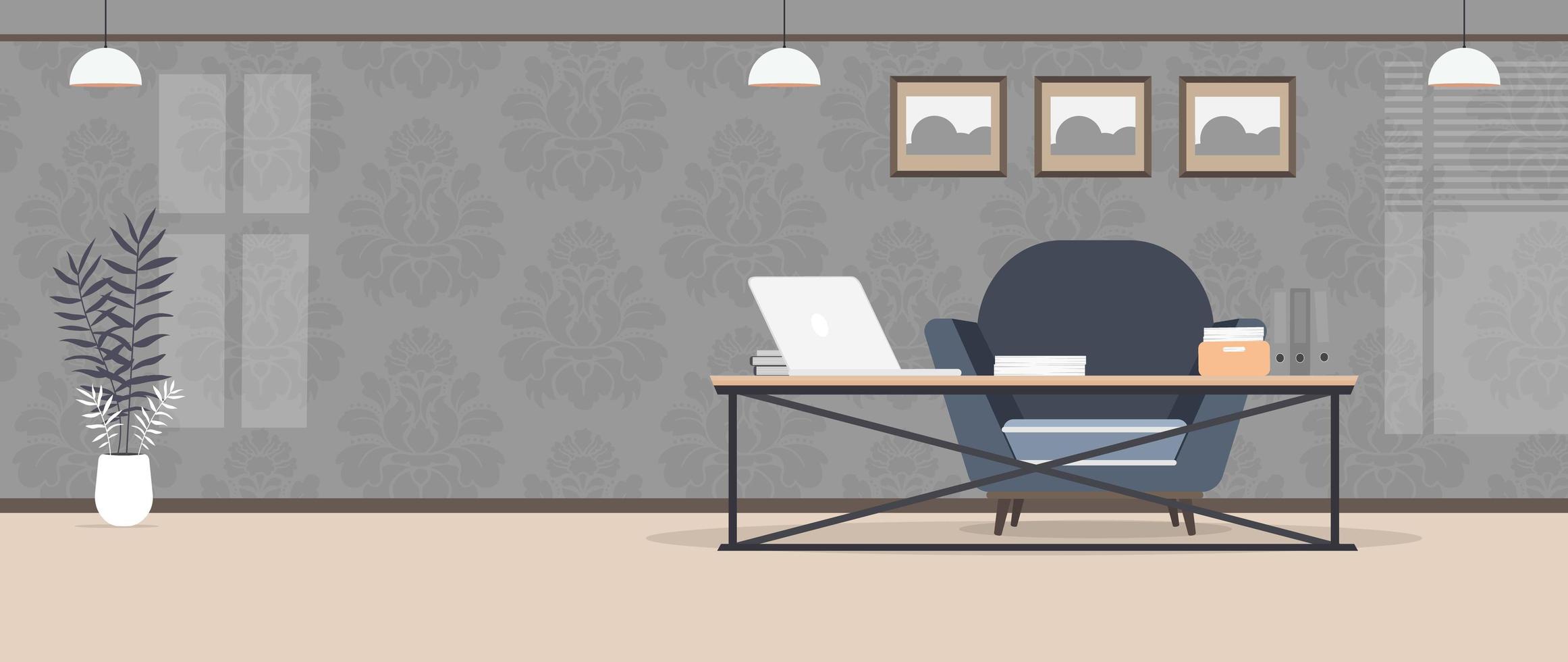Habitacion estilo loft. cuarto brillante. lugar de trabajo mesa con laptop, libros y documentos. flor en maceta, mueble de madera, cuadros. vector. vector