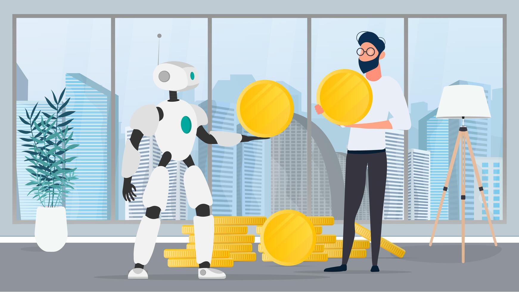 The robot gives a gold coin to a businessman. The robot brings profit to the business. The concept of earnings, profit and wealth. Vector. vector