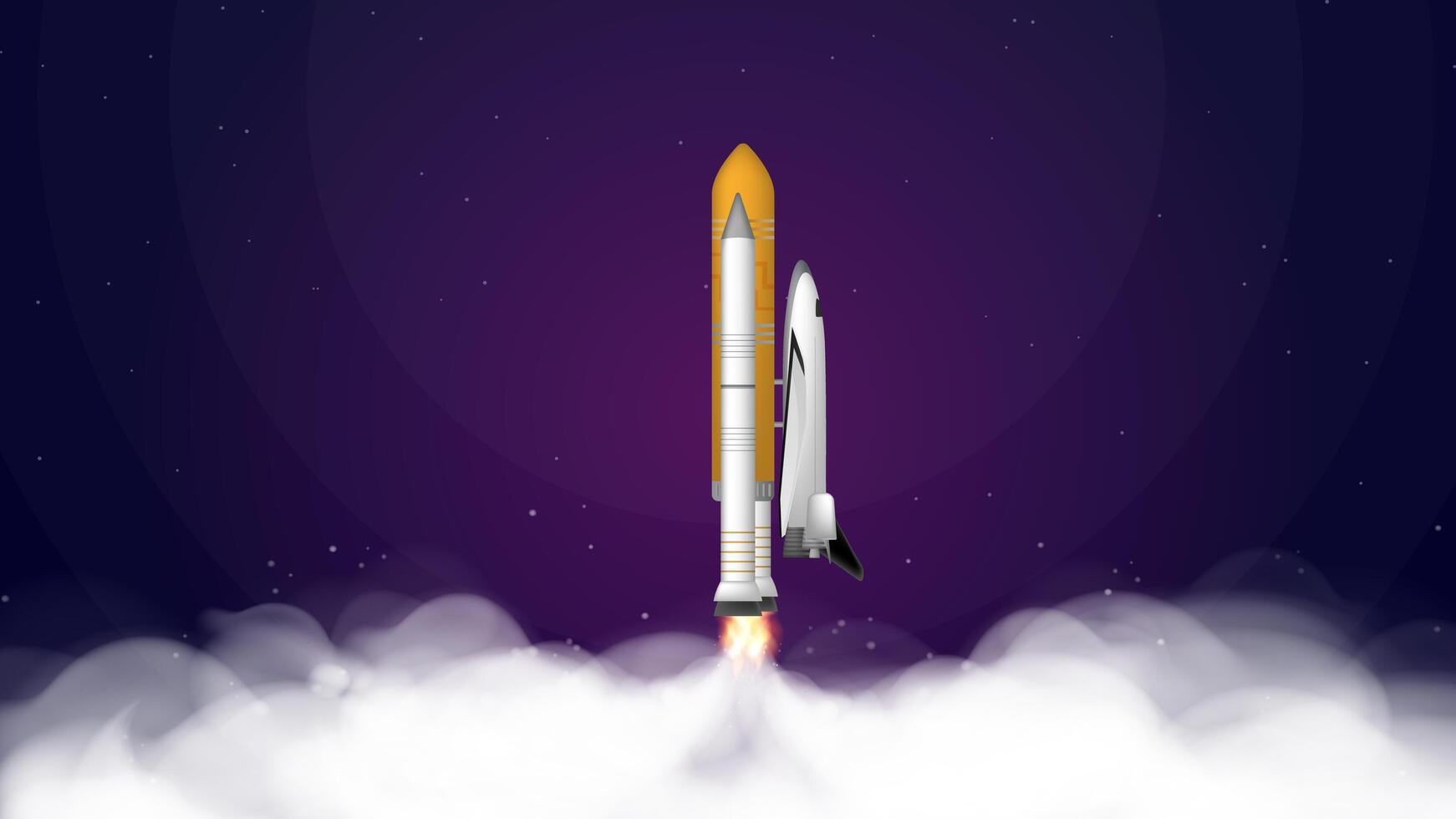 Purple banner on the theme of the cosmos of the cosmos. Space shuttle. Fighter. The booster takes off. Place under your text. . vector