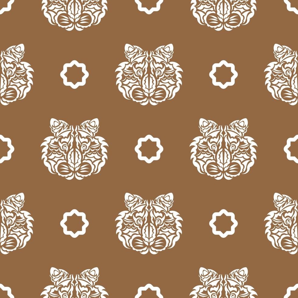 Seamless pattern with white tiger face in Polynesian style. Good for garments, textiles, backgrounds and prints. Vector illustration.