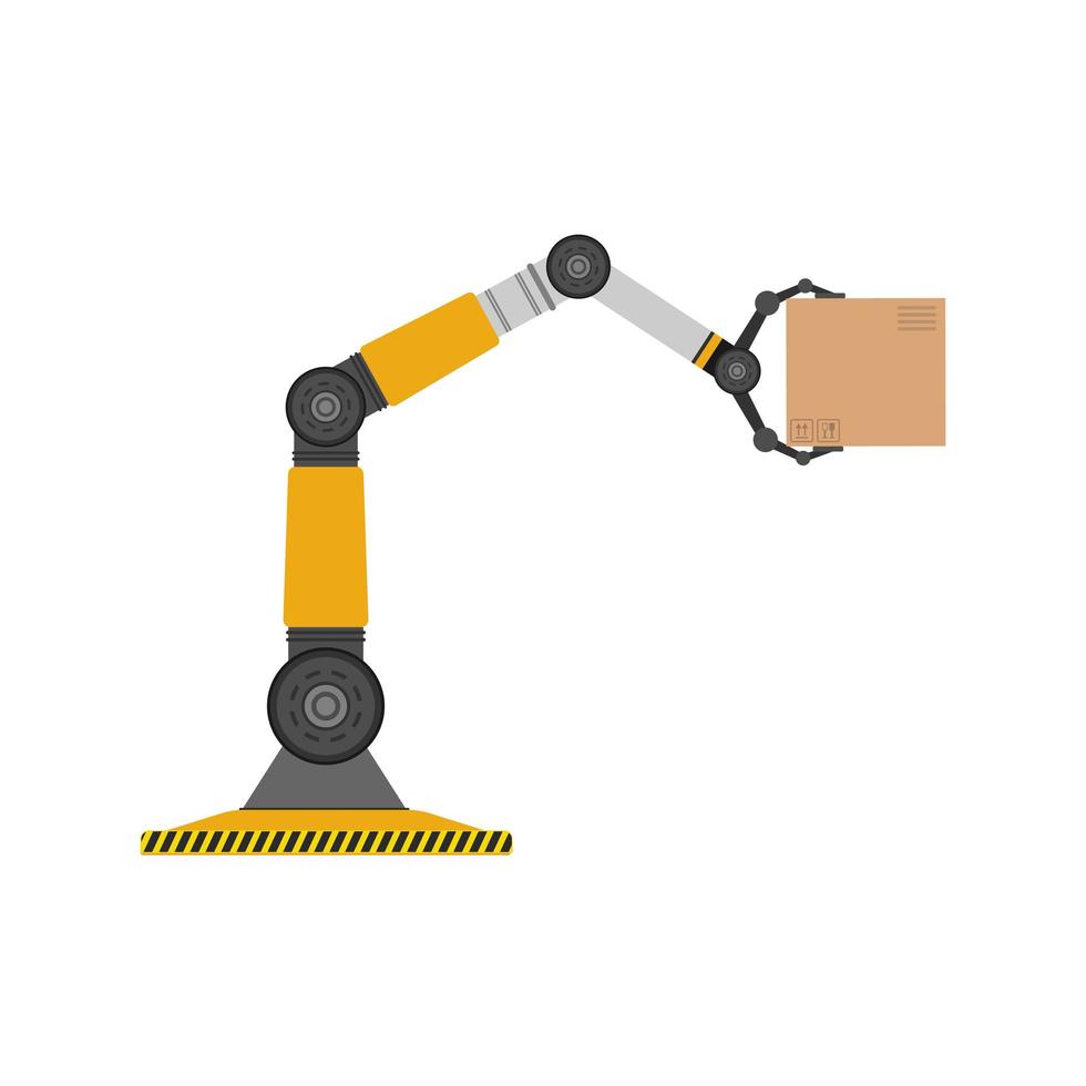 A mechanical robot holds a box. Industrial robotic arm lifts a load. Modern industrial technology. Appliances for manufacturing enterprises. Isolated. Vector. vector