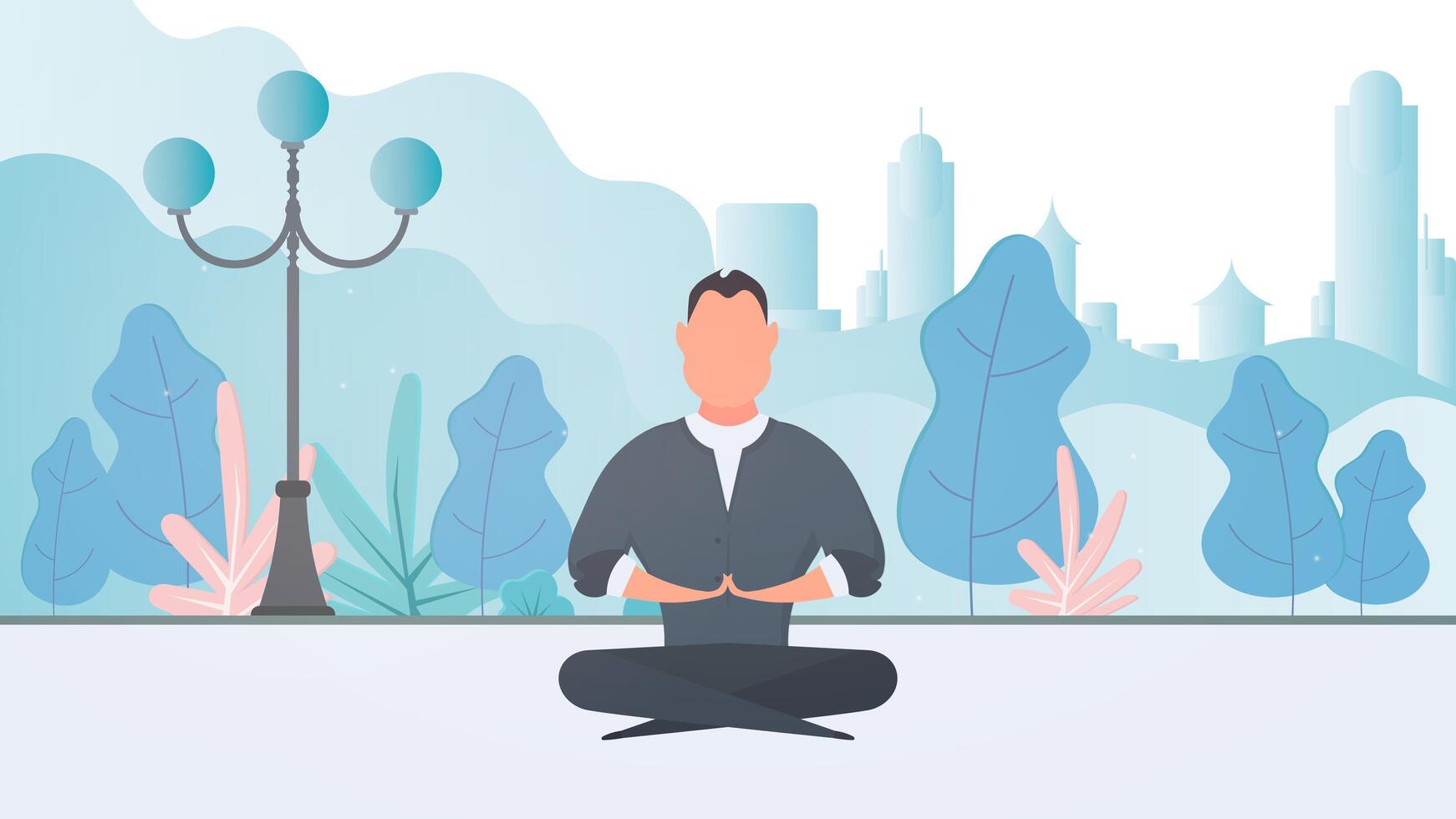 Businessman meditating in lotus position in city landscape vector