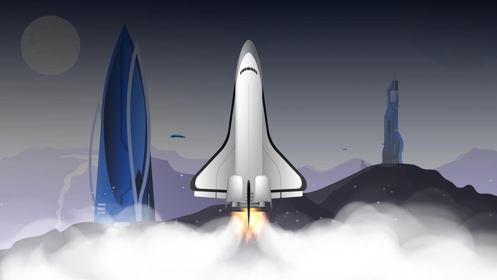 City of the future with unusual buildings. Space shuttle. The booster takes off. City on Mars. Flying transport. Fantasy, collonization of planets. . vector