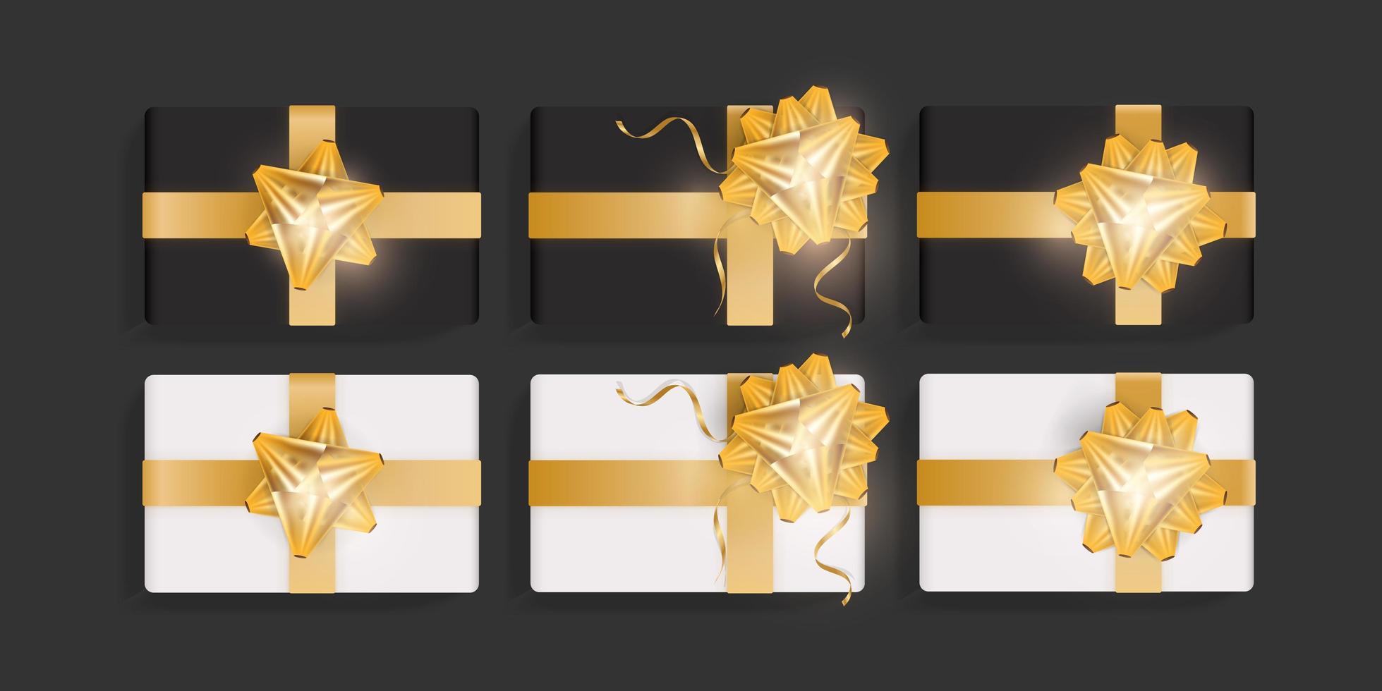 conjunto de cajas de regalo blancas y negras con lazos de cinta dorada. hermosa plantilla de caja de regalo realista para cumpleaños, navidad, diseño de año nuevo. vista superior ilustración vectorial vector