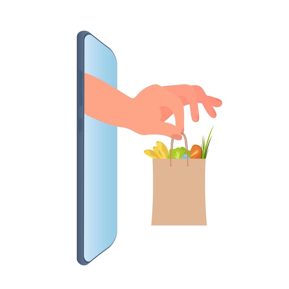 la mano sostiene suavemente una bolsa de papel con productos. concepto de compras en línea, teléfono móvil y mano sostiene productos sobre un fondo blanco. vector. vector